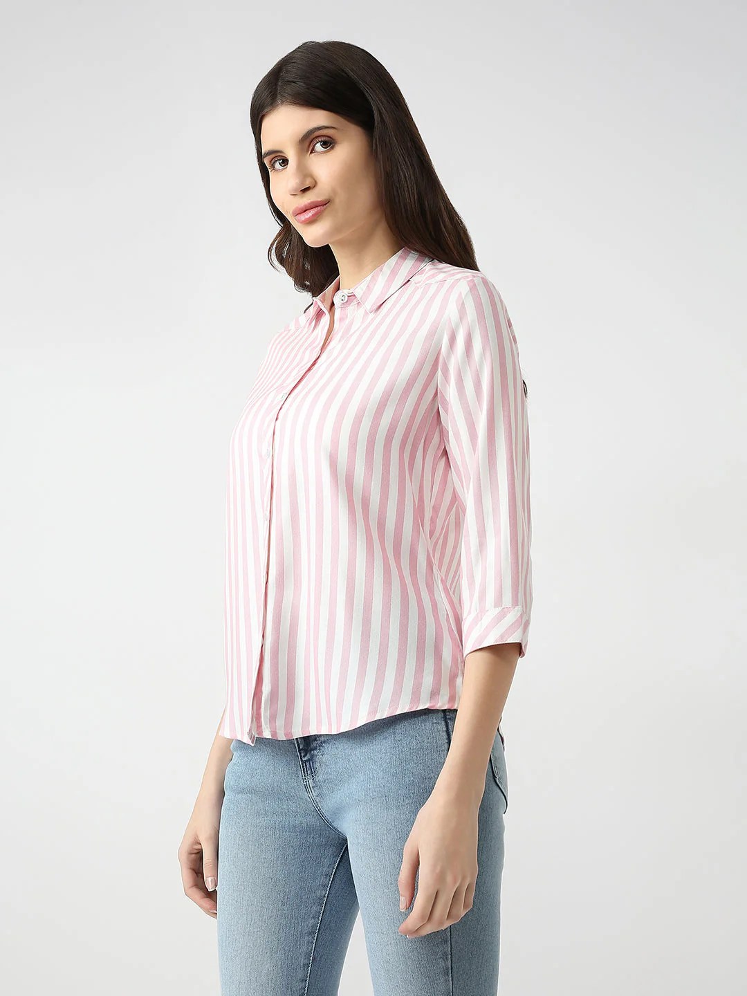 Women Blush Pink/White Striped Shirt - Image 5