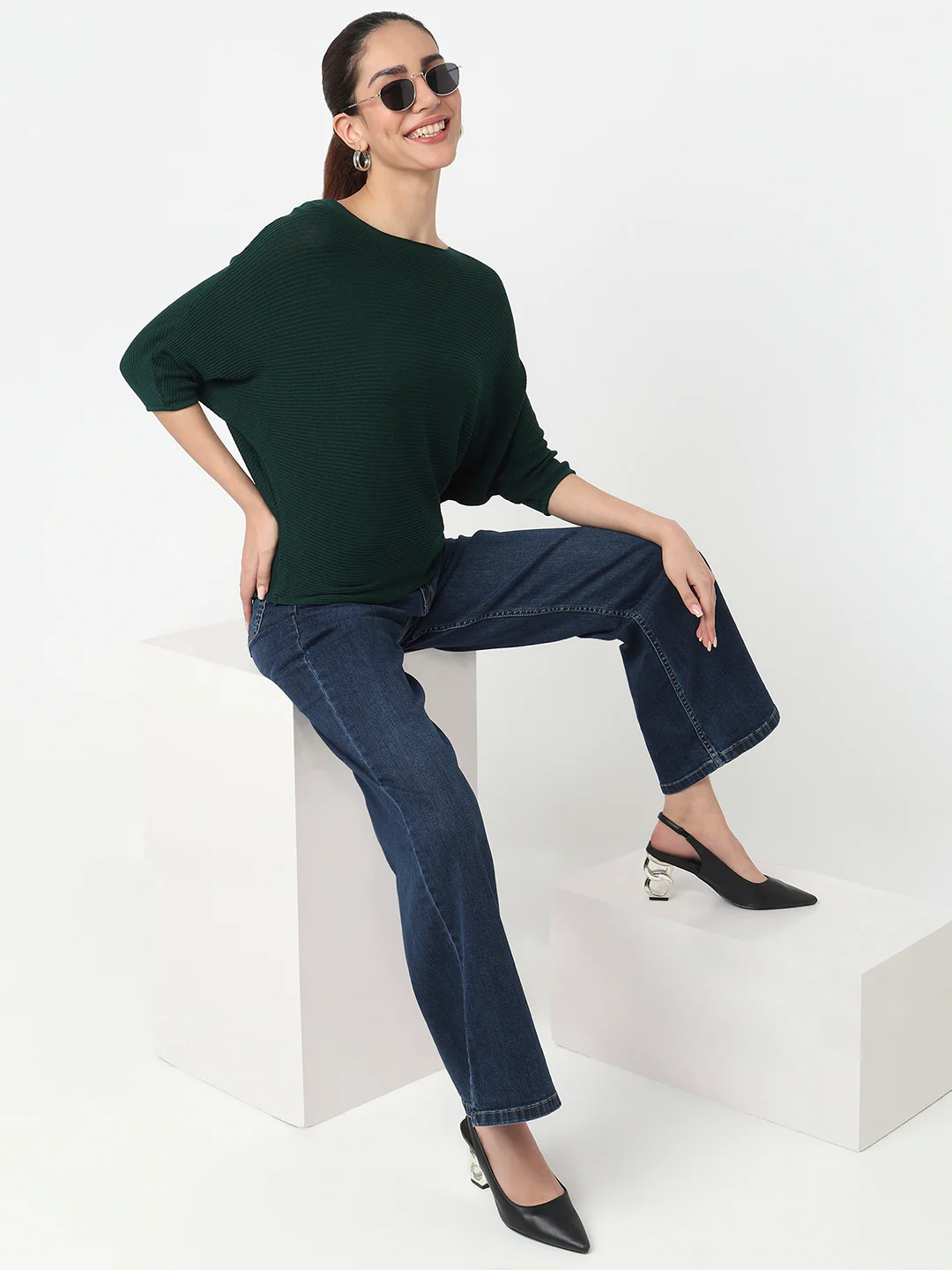 Women Bottle Green Batsleeve Top