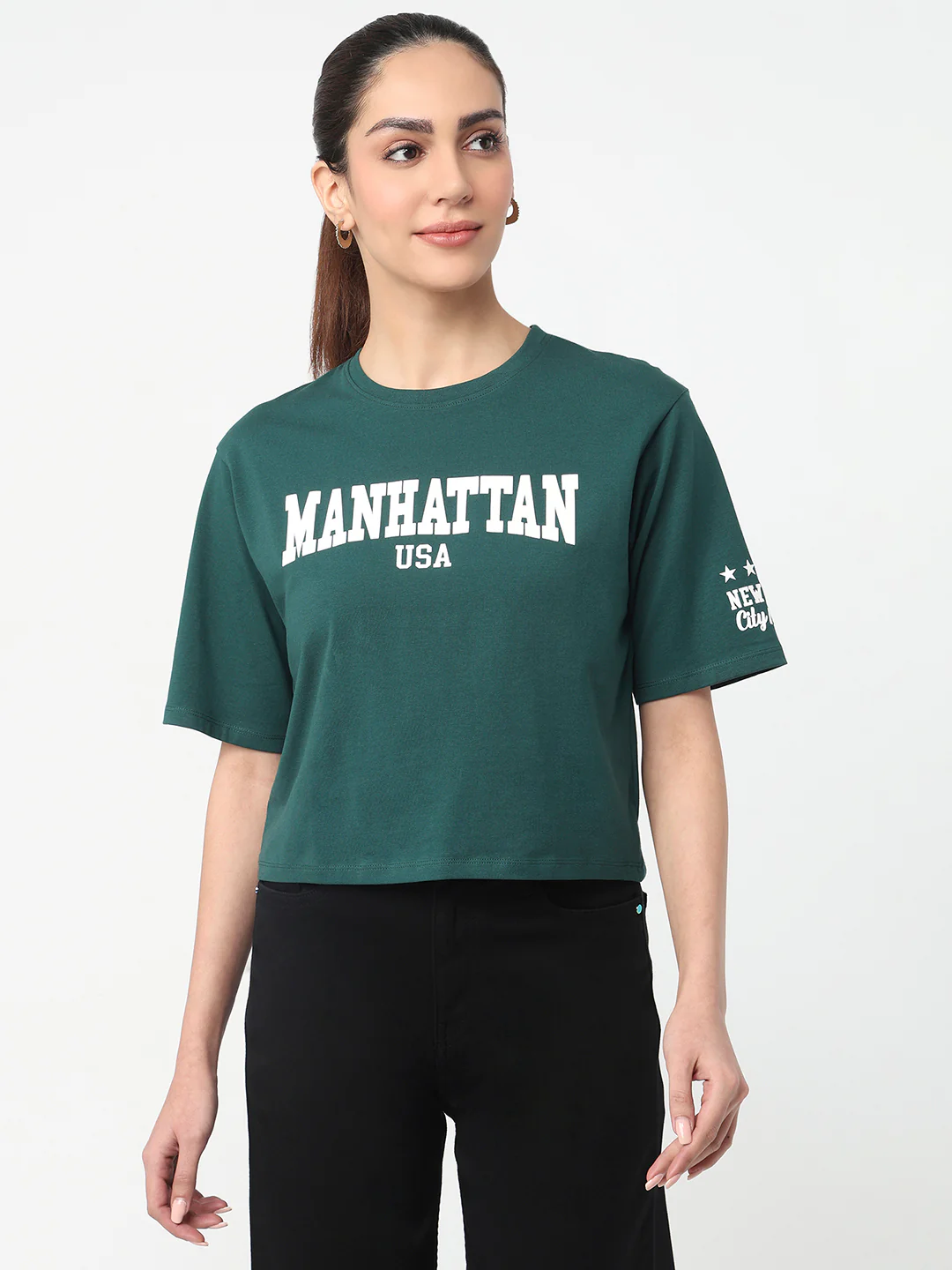 Women Bottle Green Graphic Crop Tees - Image 2