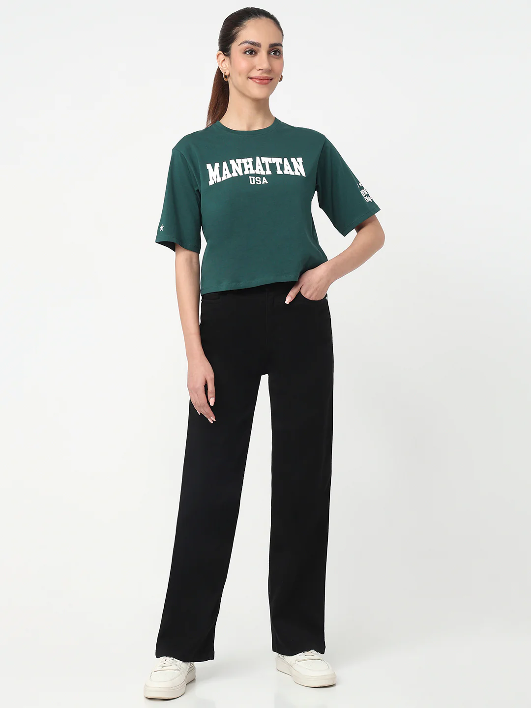 Women Bottle Green Graphic Crop Tees - Image 4