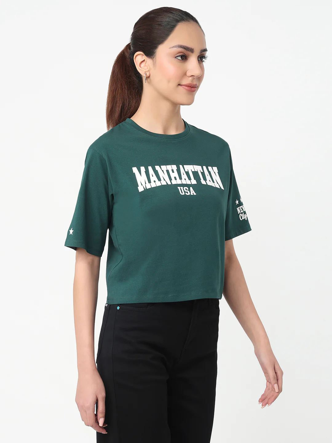 Women Bottle Green Graphic Crop Tees - Image 5