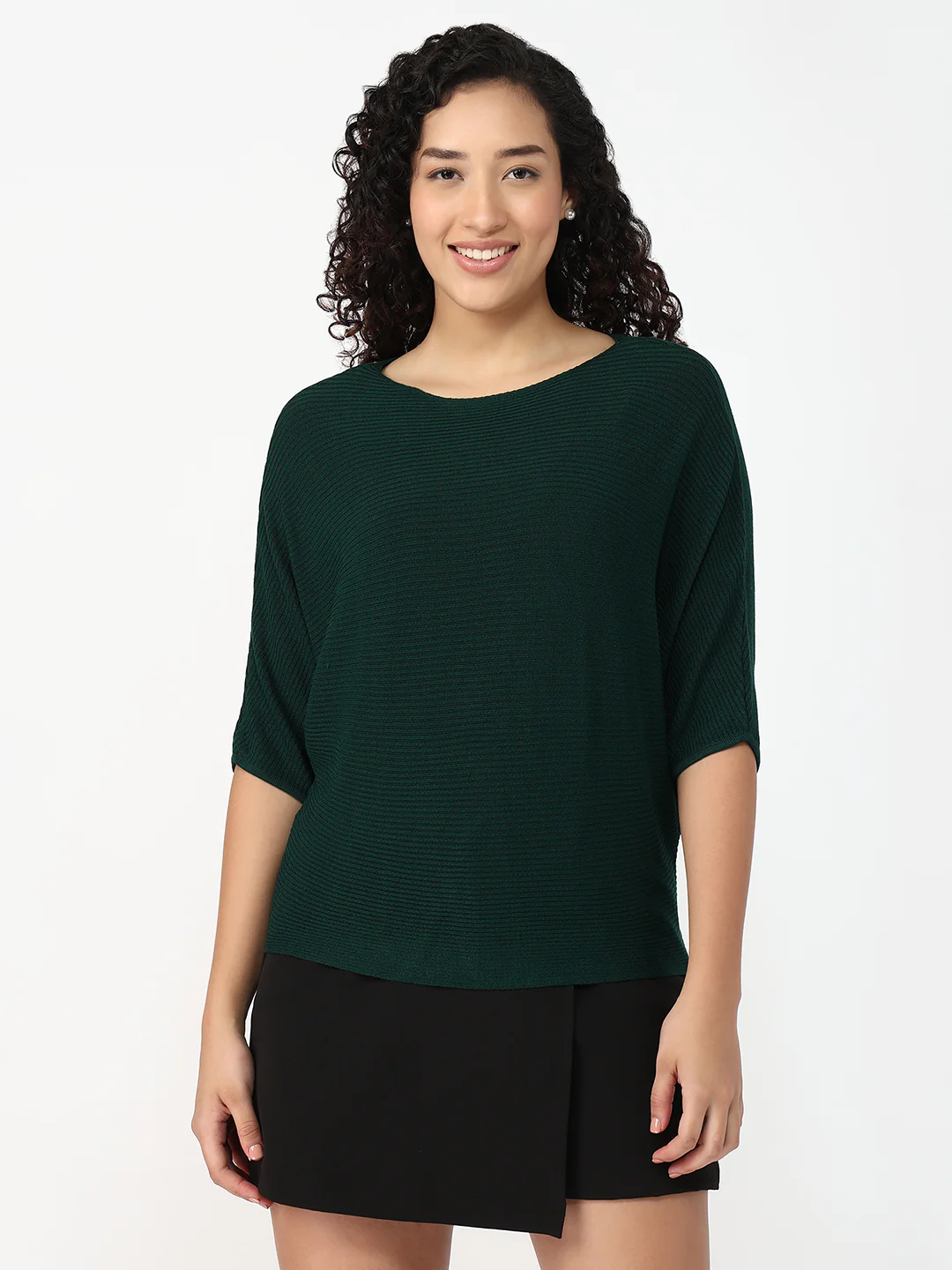 Women Bottle Green Slim Batsleeve Top - Image 2