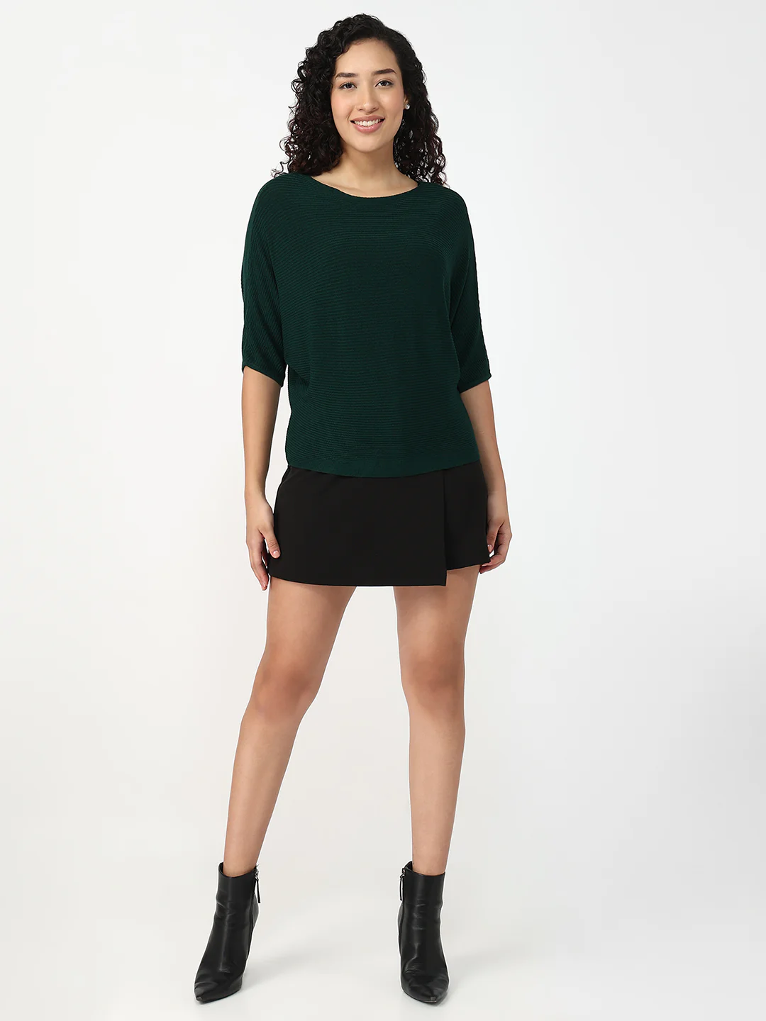 Women Bottle Green Slim Batsleeve Top - Image 4
