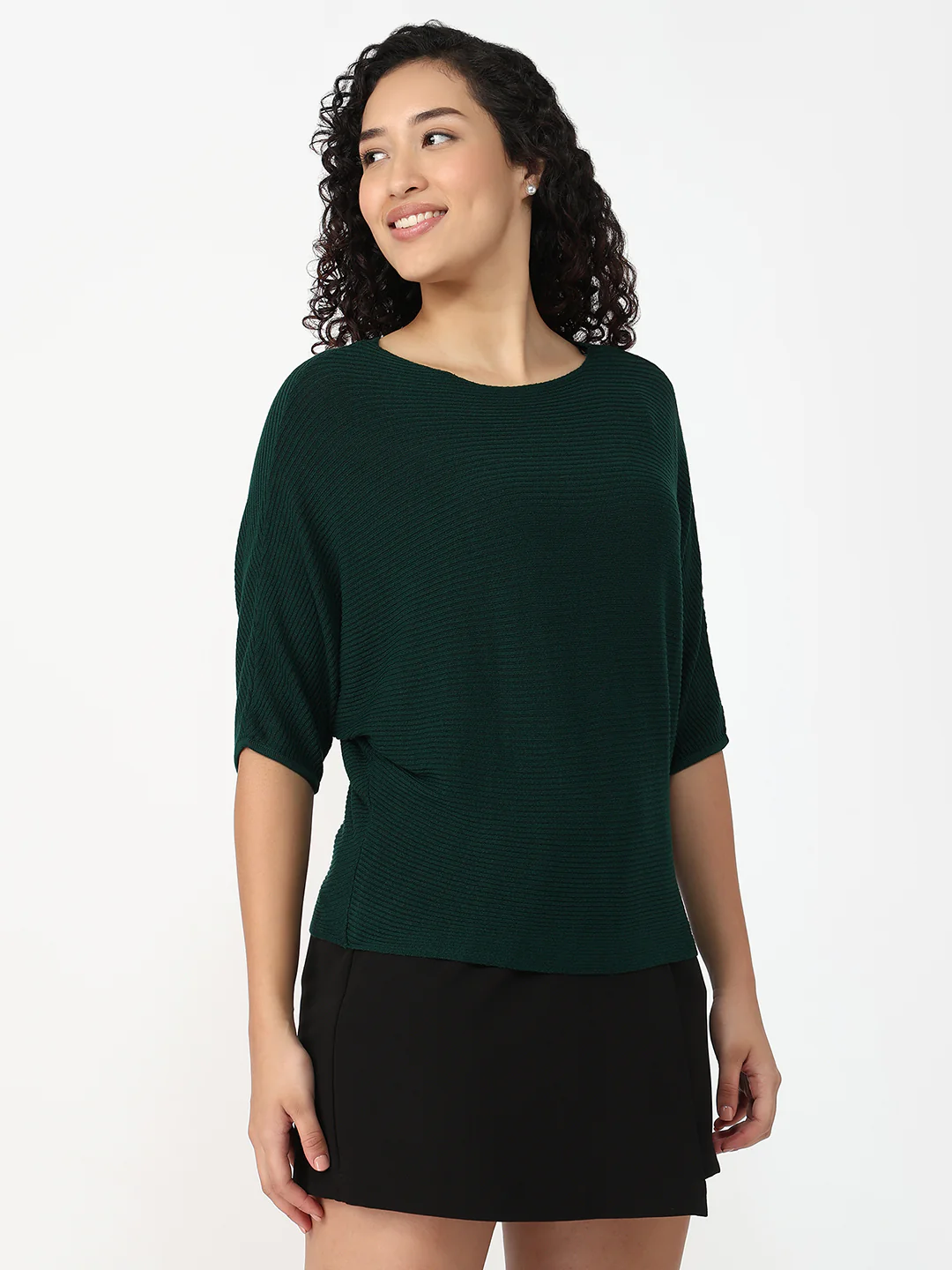 Women Bottle Green Slim Batsleeve Top - Image 5