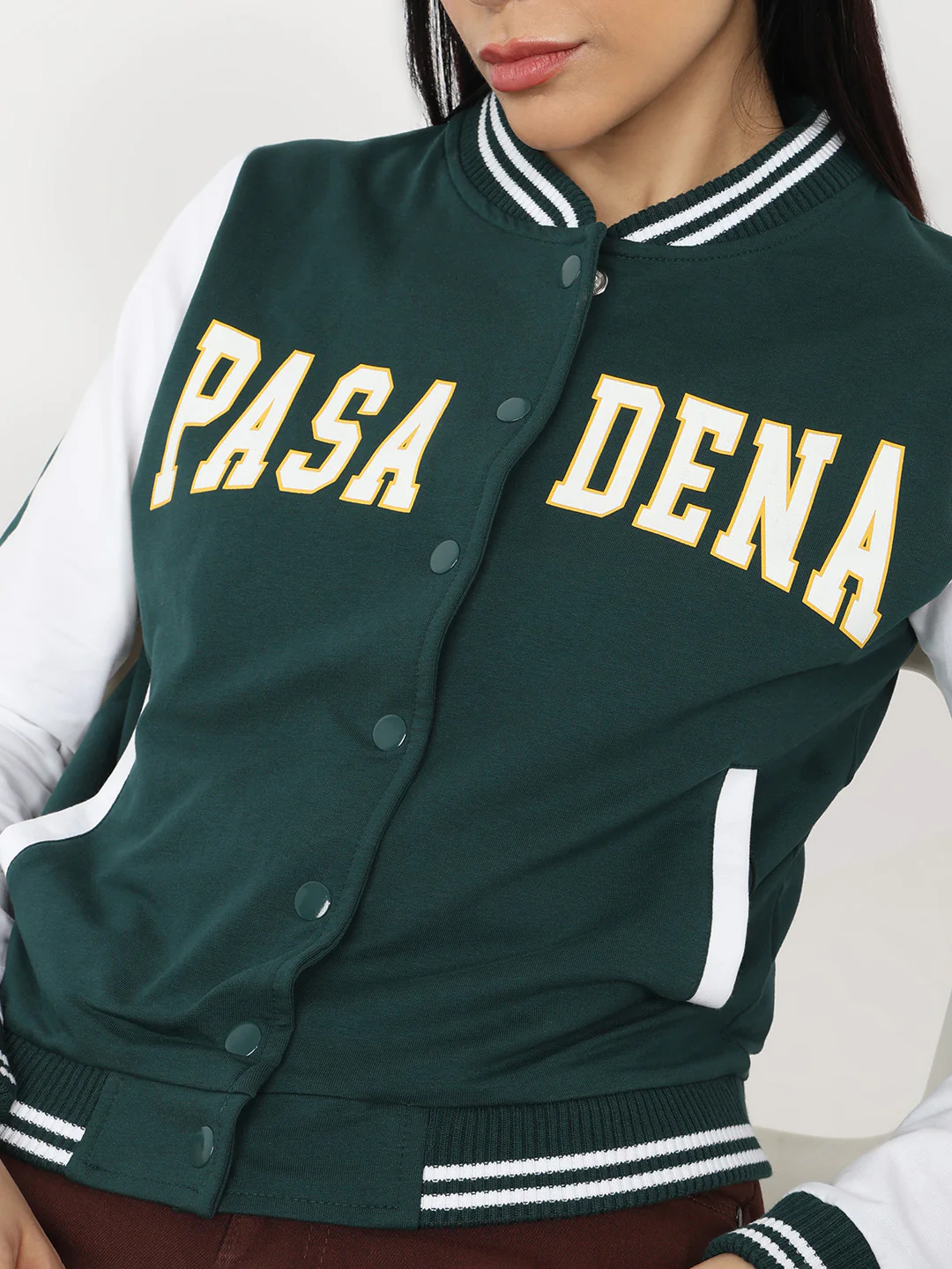 Women Bottle Green/White Varsity Jacket - Image 5