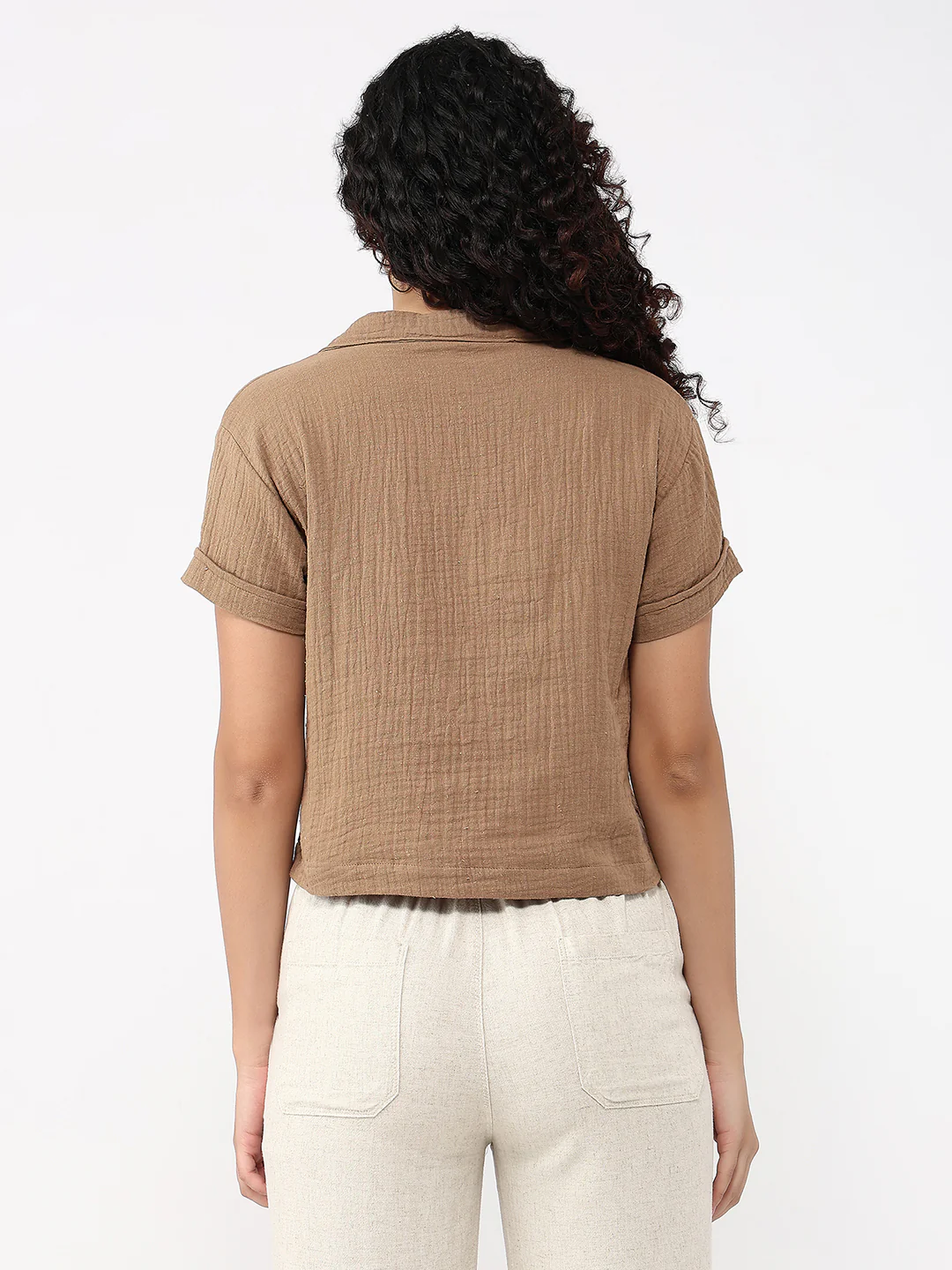 Women Brown Crop Shirt - Image 3