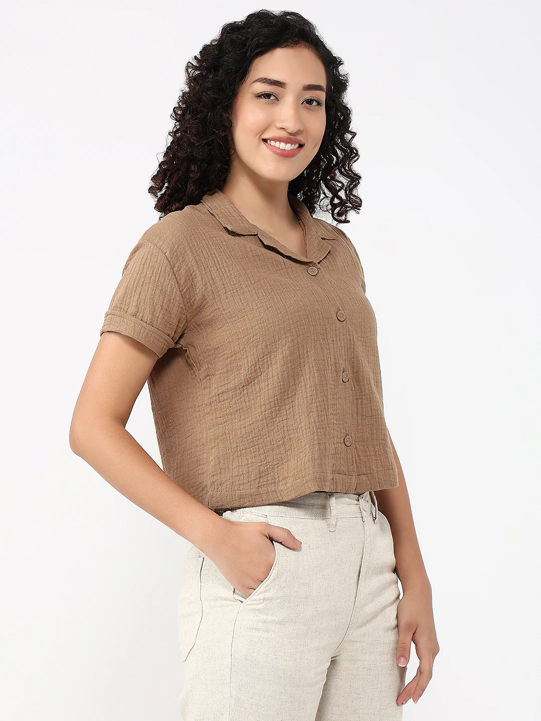 Women Brown Crop Shirt - Image 4