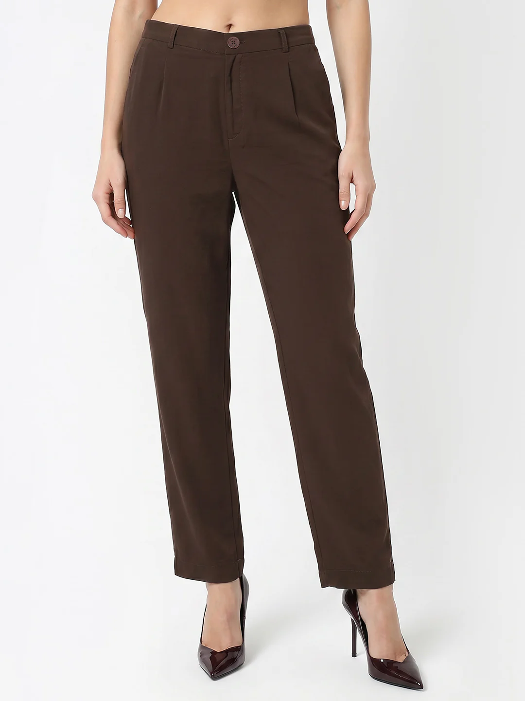 Women Brown High-Rise Straight Fit Korean Pants - Image 2