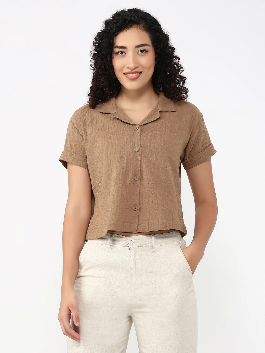 Women Brown Slim Crop Shirt - Image 2