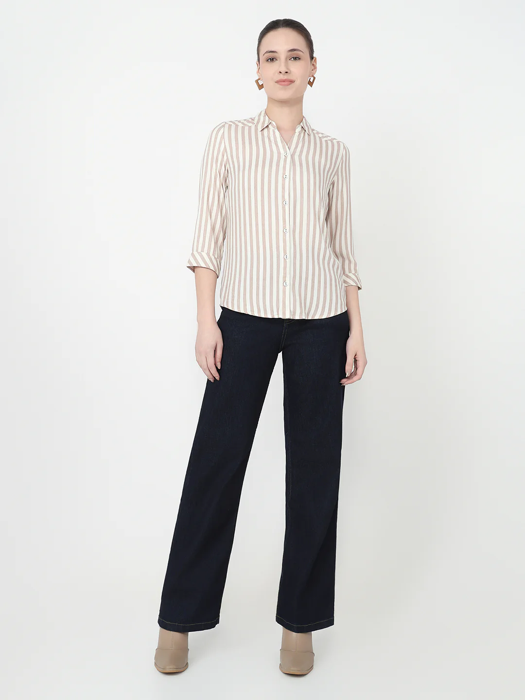 Women Brown/White Slim Fit Shirt - Image 4
