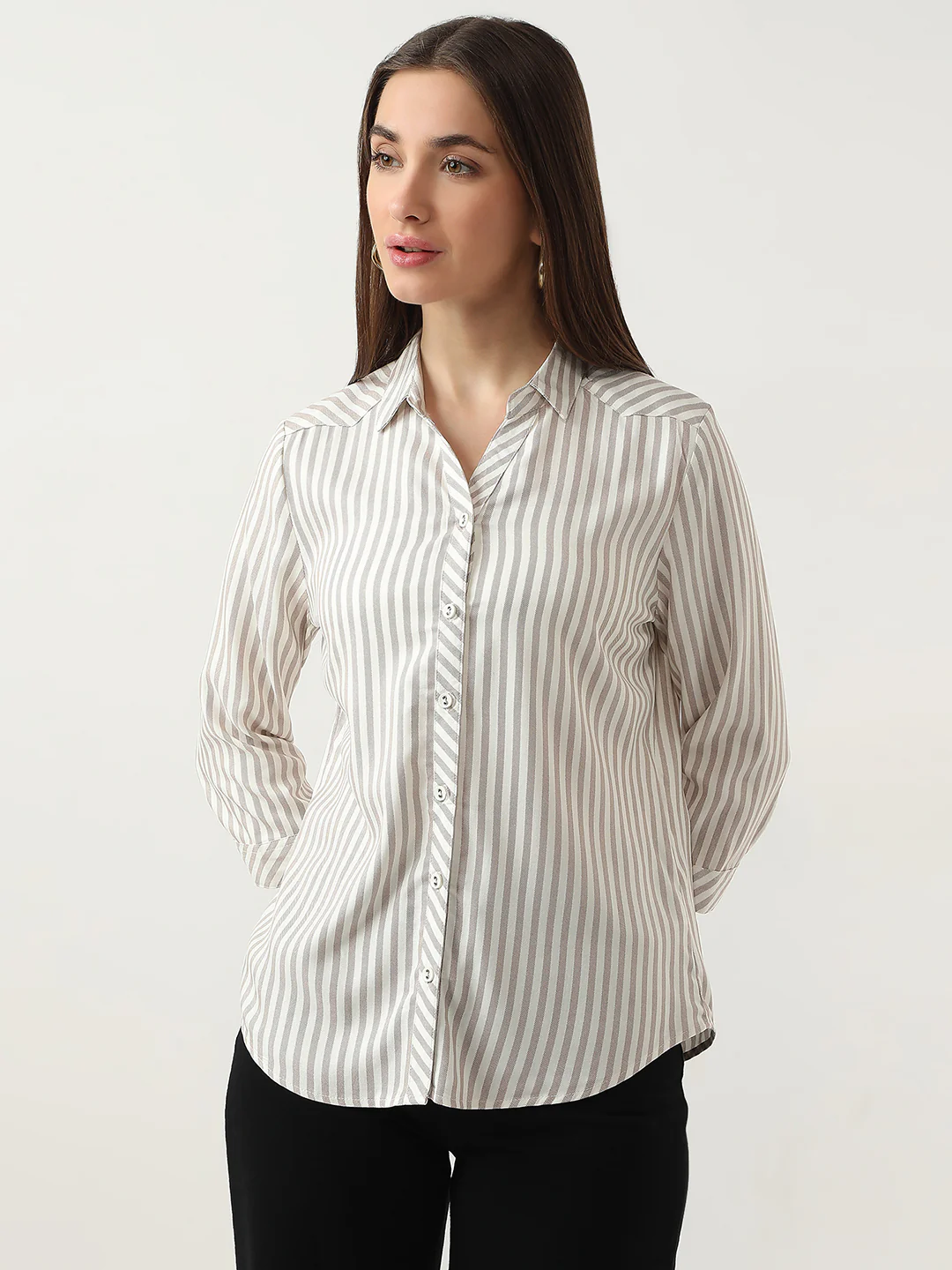 Women Brown/White Stripe Shirt - Image 2
