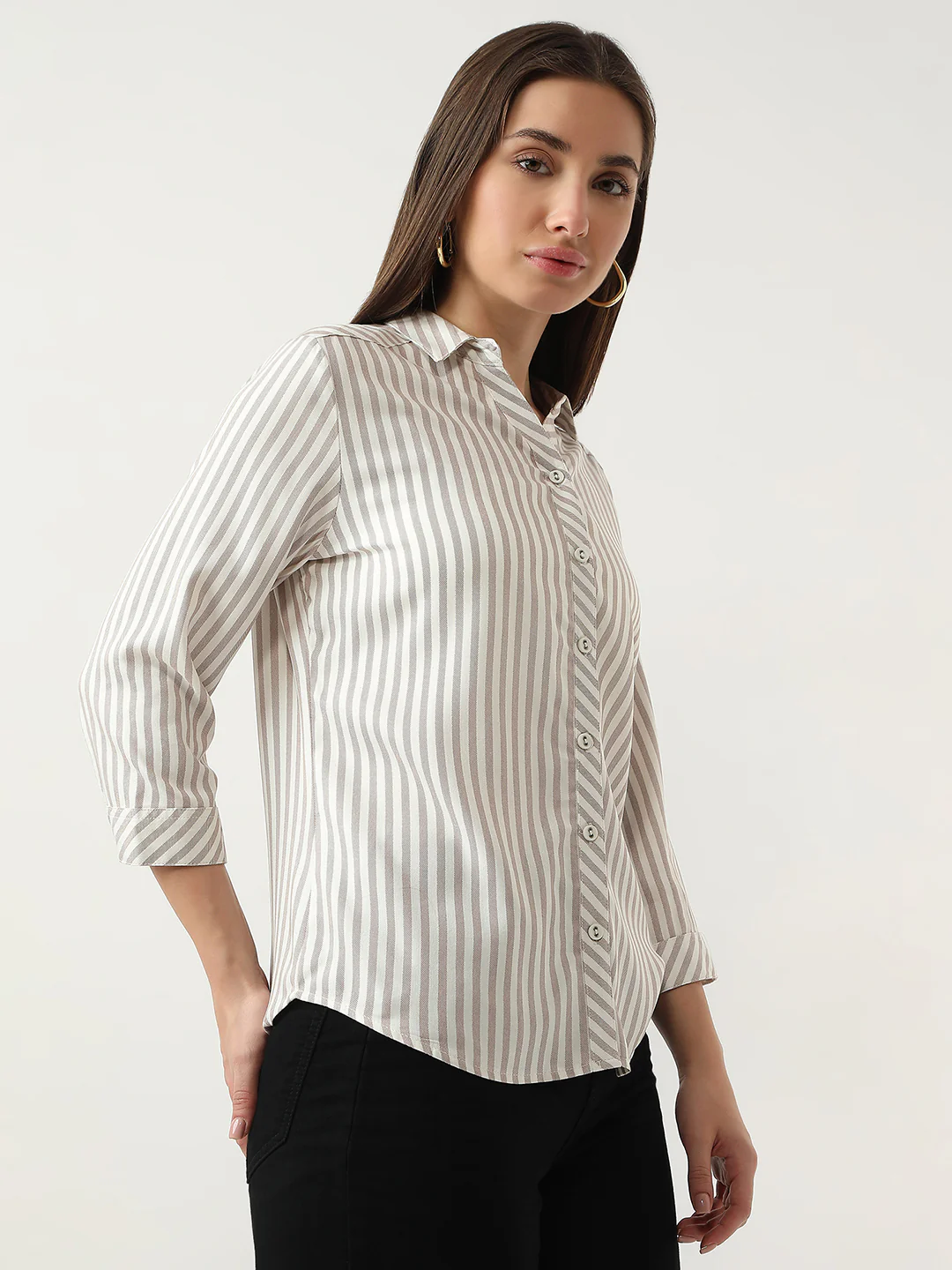 Women Brown/White Stripe Shirt - Image 4