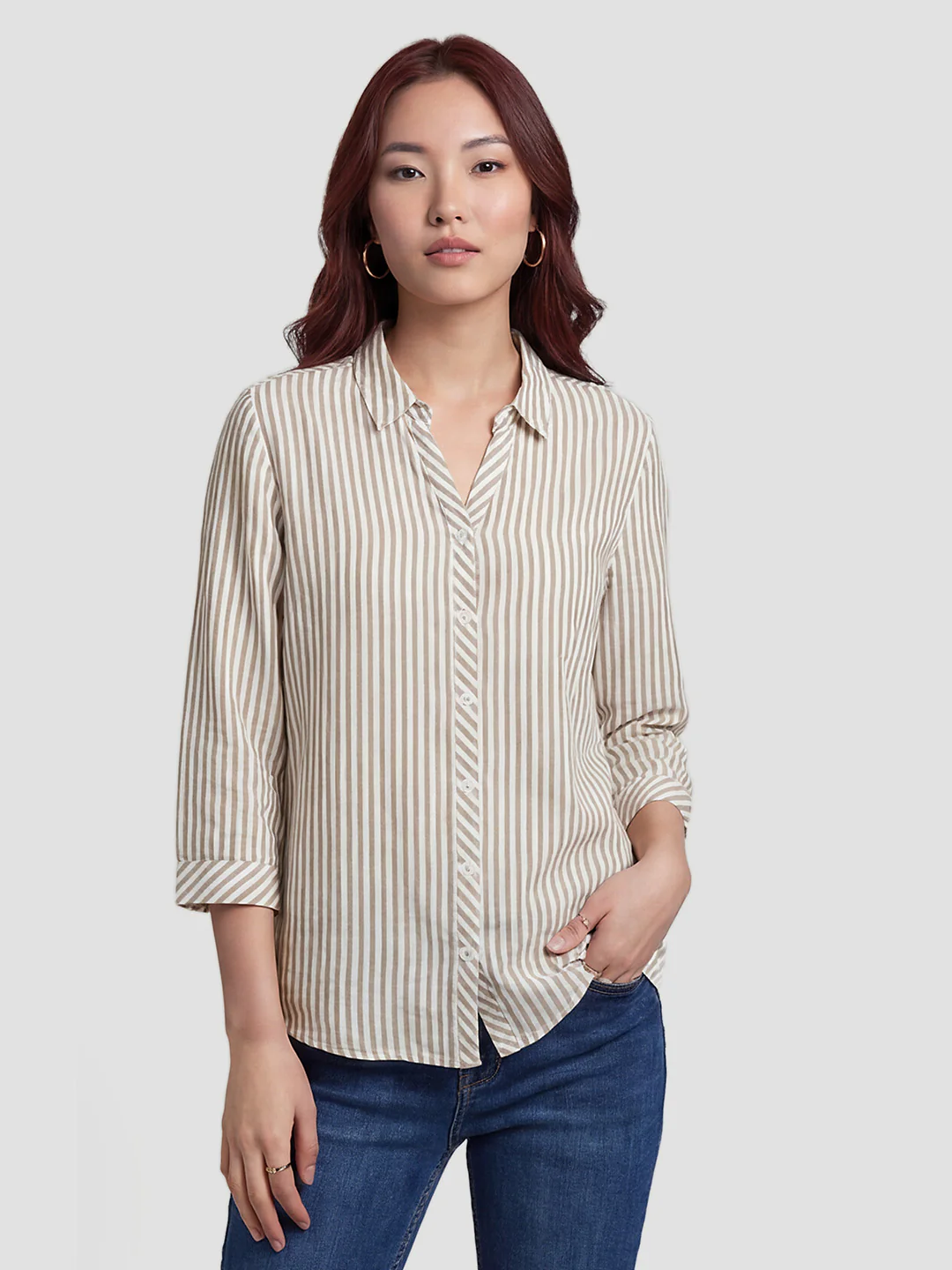 Women Brown/White Striped Shirt - Image 2
