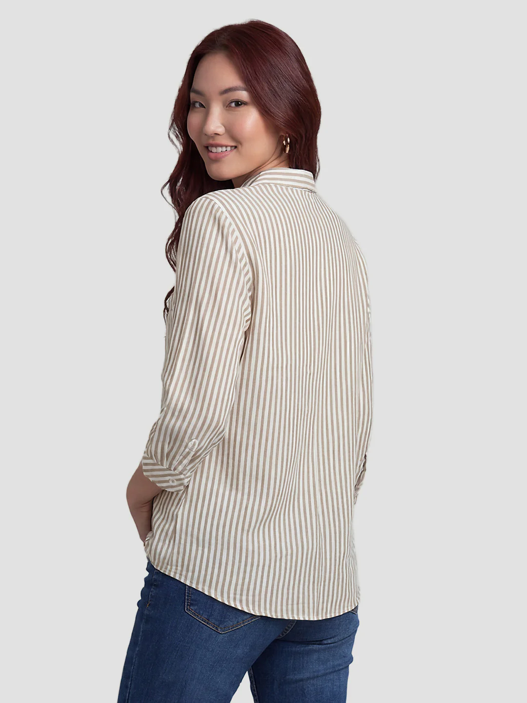 Women Brown/White Striped Shirt - Image 3