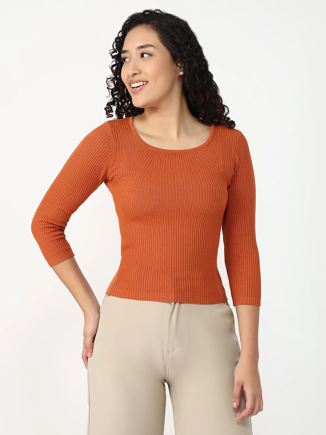 Women Burnt Orange Slim Fit Flat Knit - Image 2