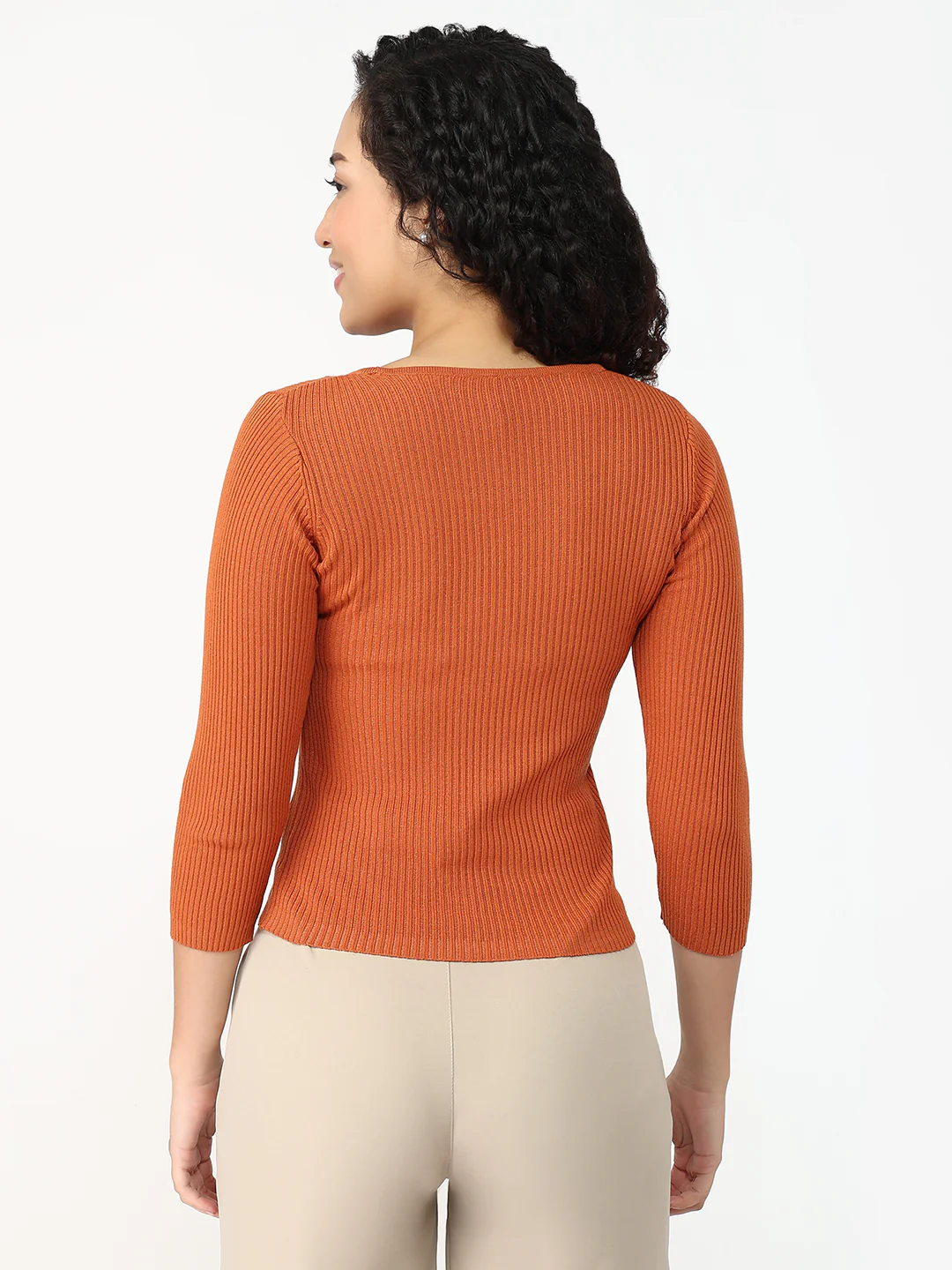 Women Burnt Orange Slim Fit Flat Knit - Image 3