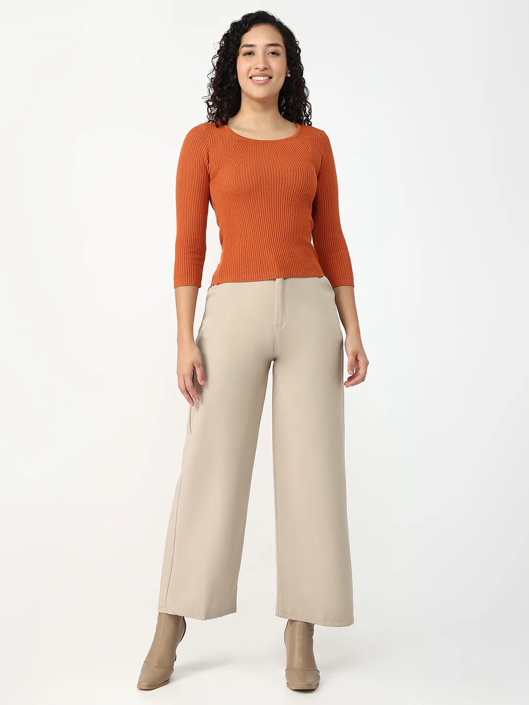 Women Burnt Orange Slim Fit Flat Knit - Image 4