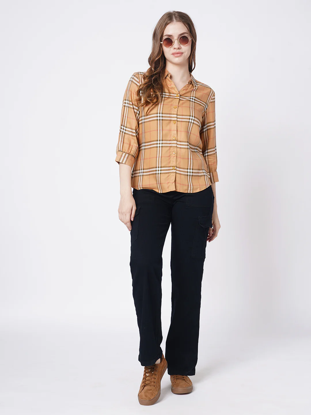 Women Camel Checks Shirt - Image 4
