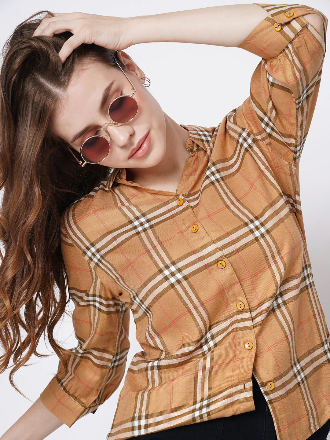 Women Camel Checks Shirt - Image 5