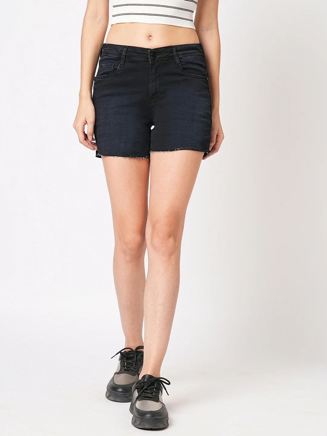 Women Carbon Black High-Rise Slim Shorts - Image 2