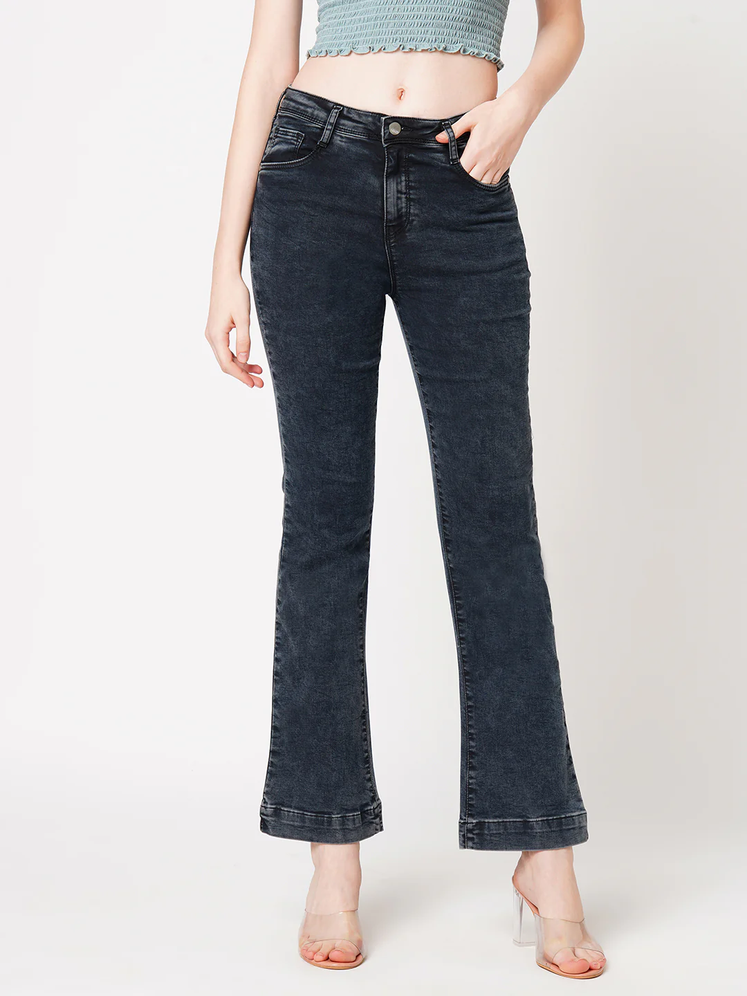 Women Carbon Black Mini Flare Jeans - Image 2
