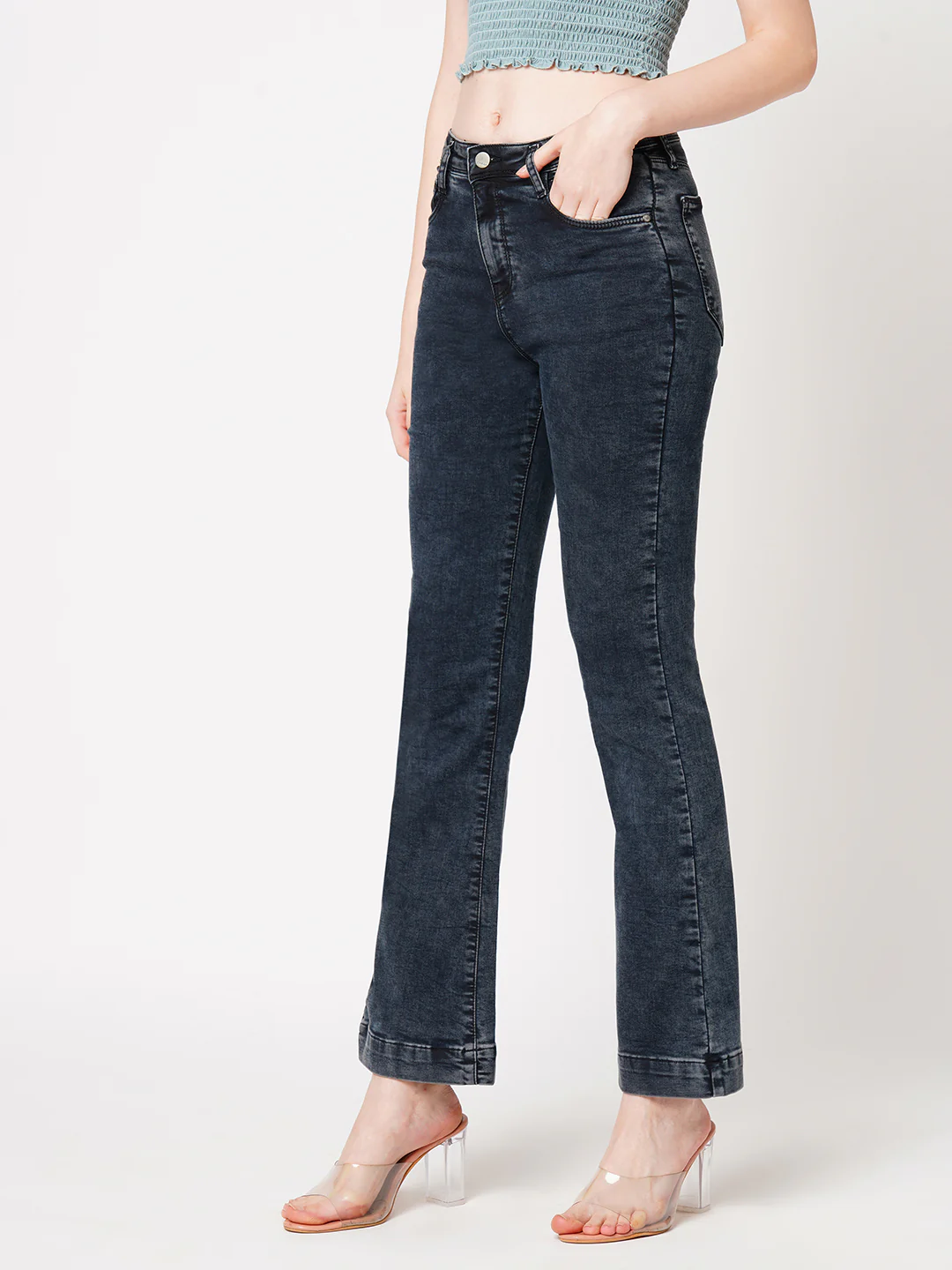Women Carbon Black Mini Flare Jeans - Image 7