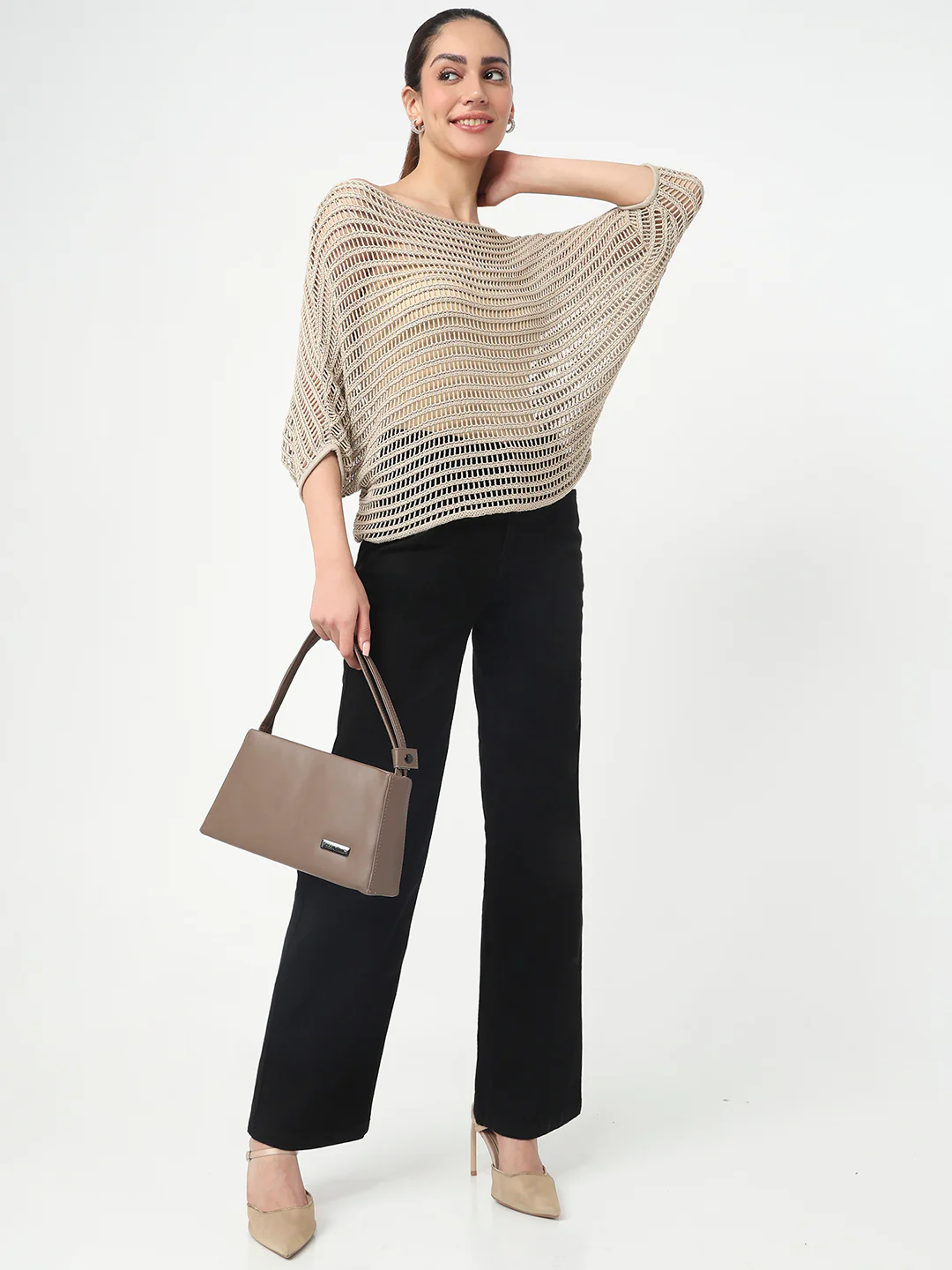 Women Champagne Slim Fit Batsleeve Top