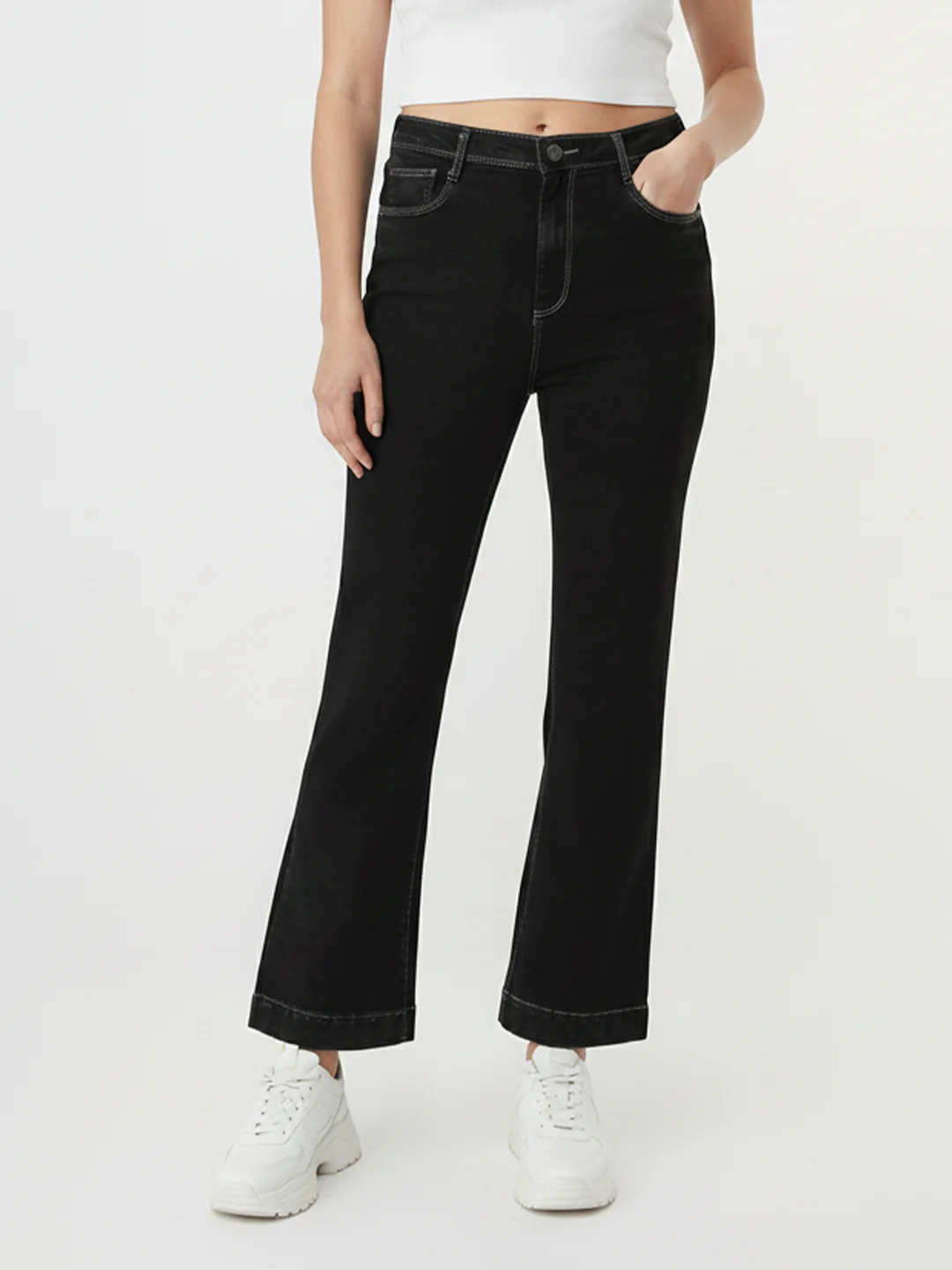 Women Charcoal Black High-Rise Mini Flare Jeans - Image 2