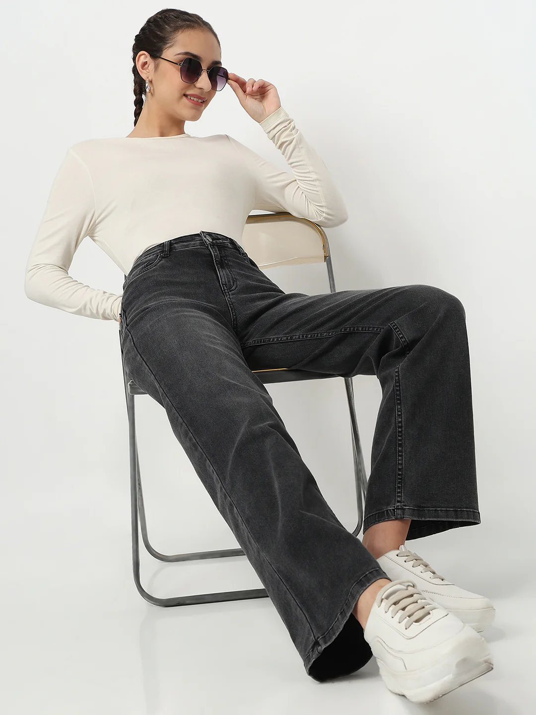 Women Charcoal High-Rise Baggy Jeans