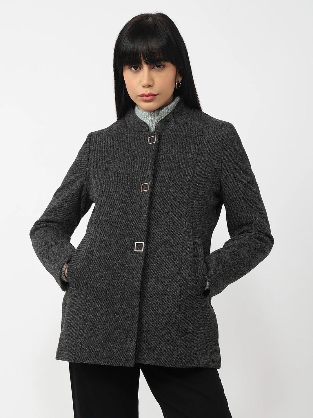 Women Charcoal Slim Fit Coat - Image 2
