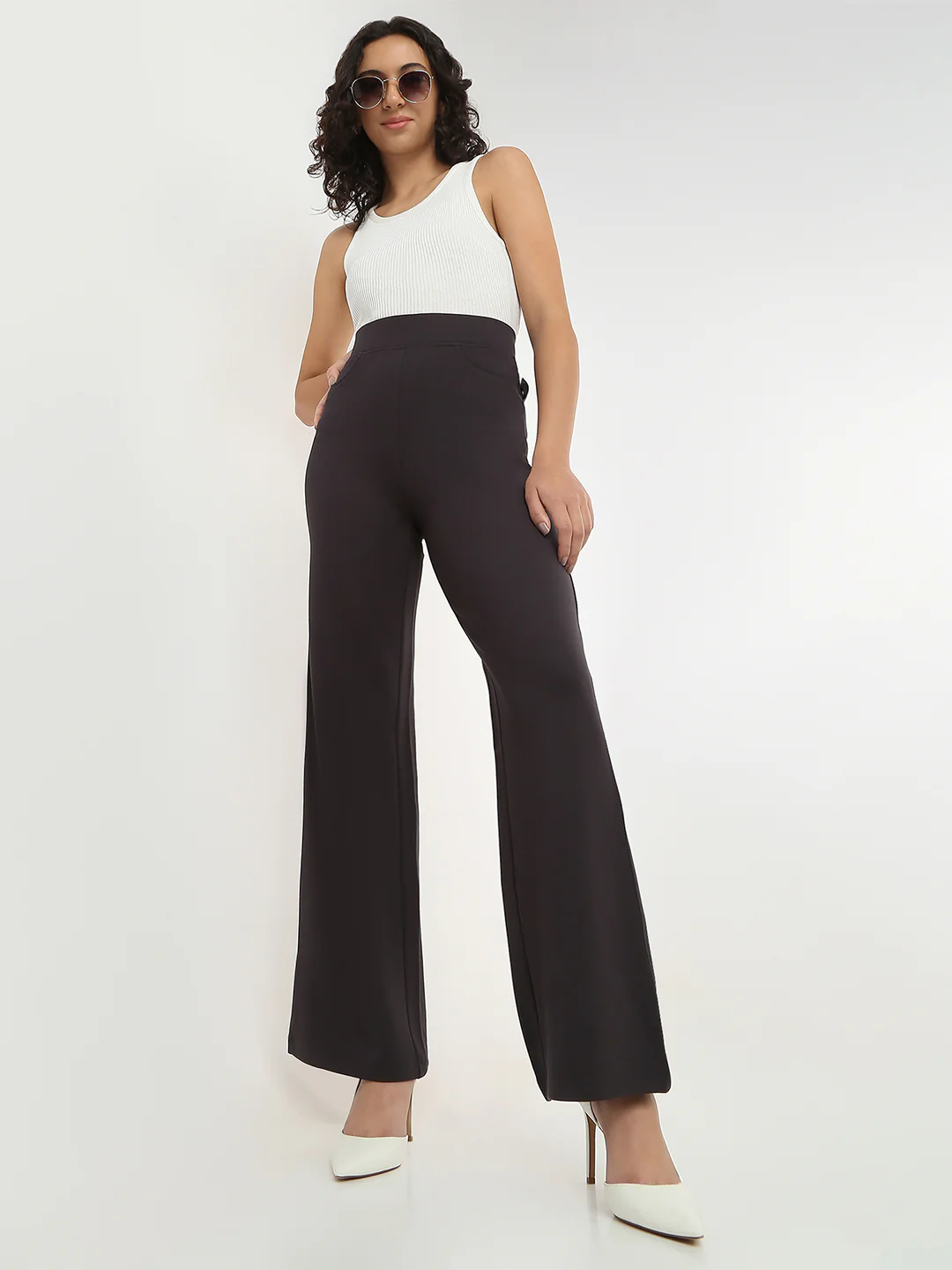 Women Charcoal Wide Leg Treggings