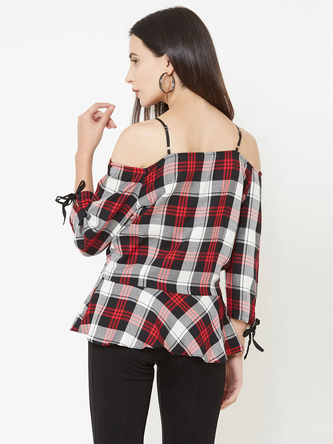 Women Checked Cold-Shoulder Peplum Top - Image 3