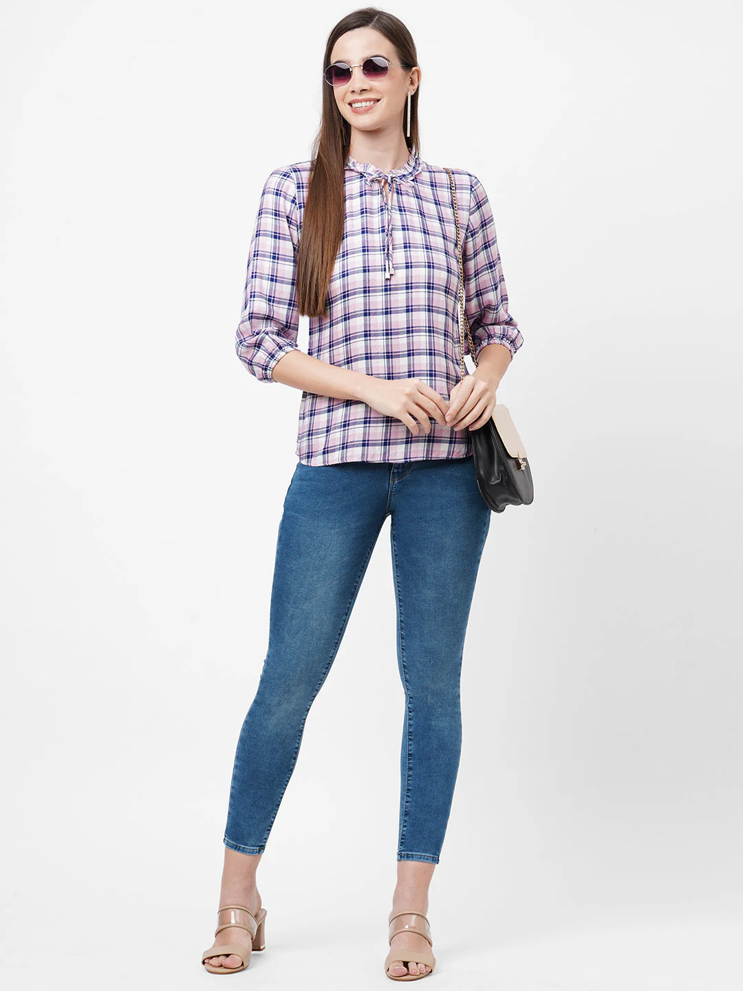 Women Checked Slim Fit With Neckline Tie-Up Top - Image 2