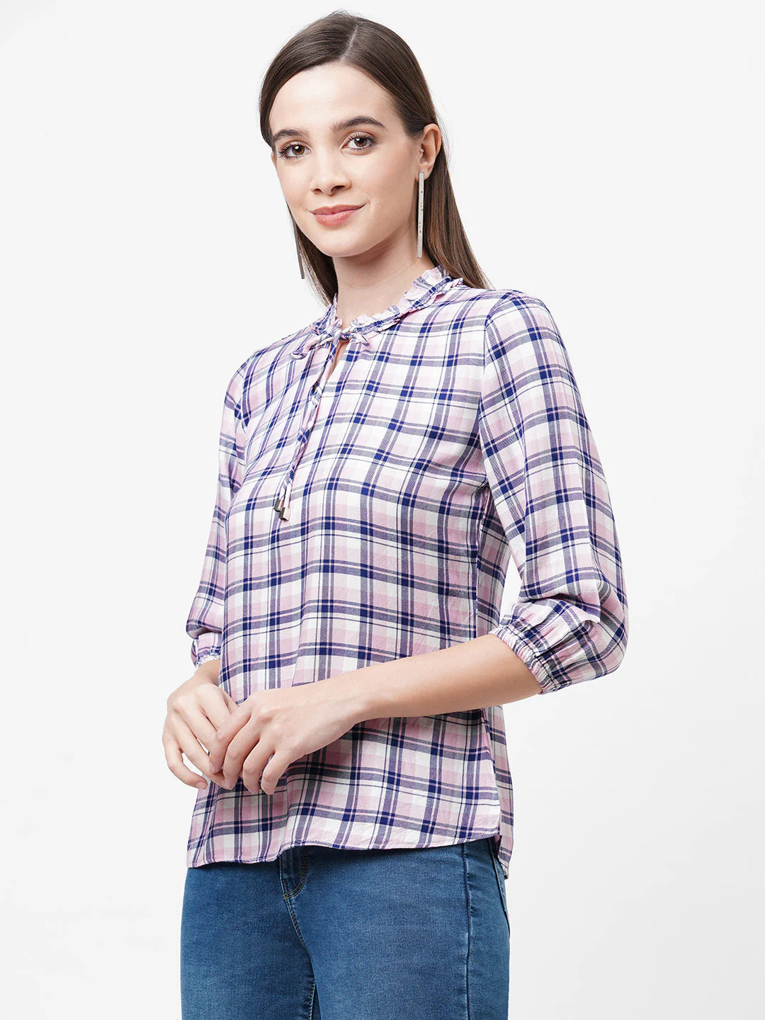 Women Checked Slim Fit With Neckline Tie-Up Top - Image 4