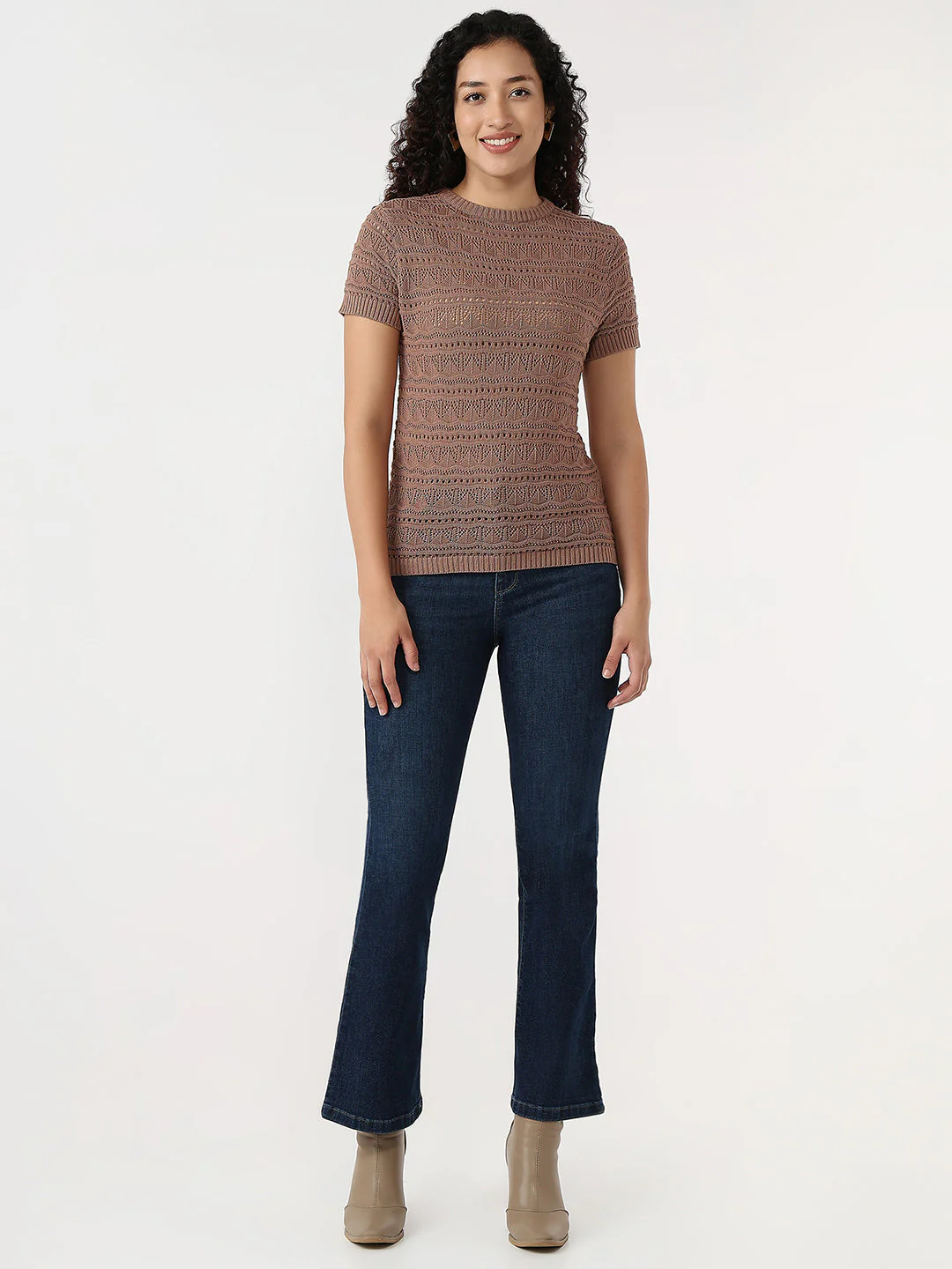 Women Chocolate Malt Slim Flat Knit Top - Image 2