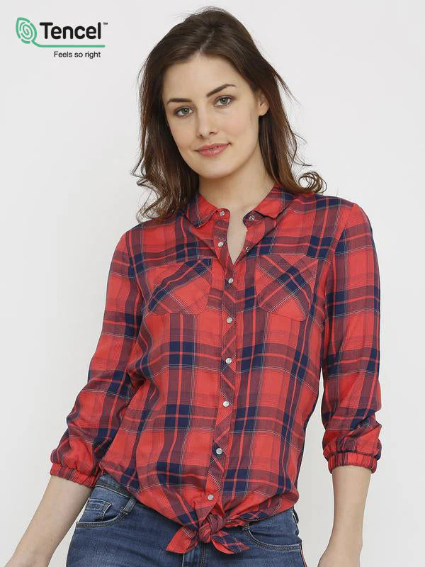 Women Coral Tie-Up Checks Shirt - Image 2