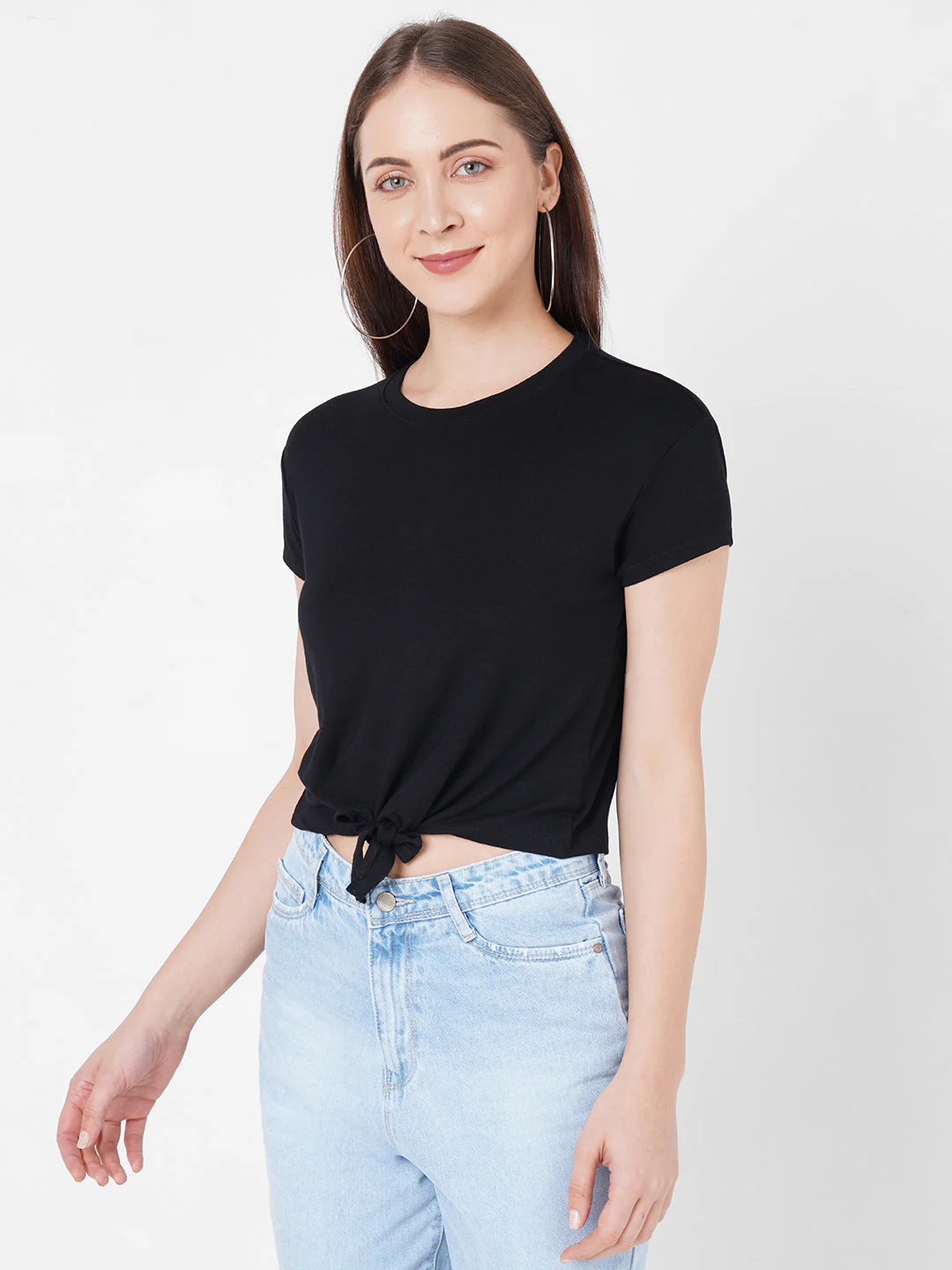 Women Crop Front Tie-Up Slim T-Shirt - Image 2