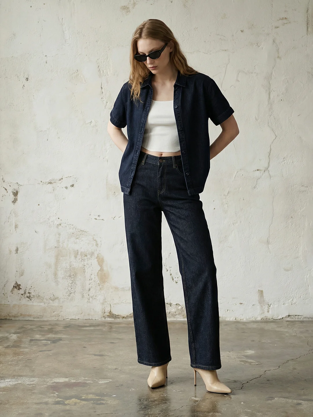 Women Dark Blue Crop Shirt
