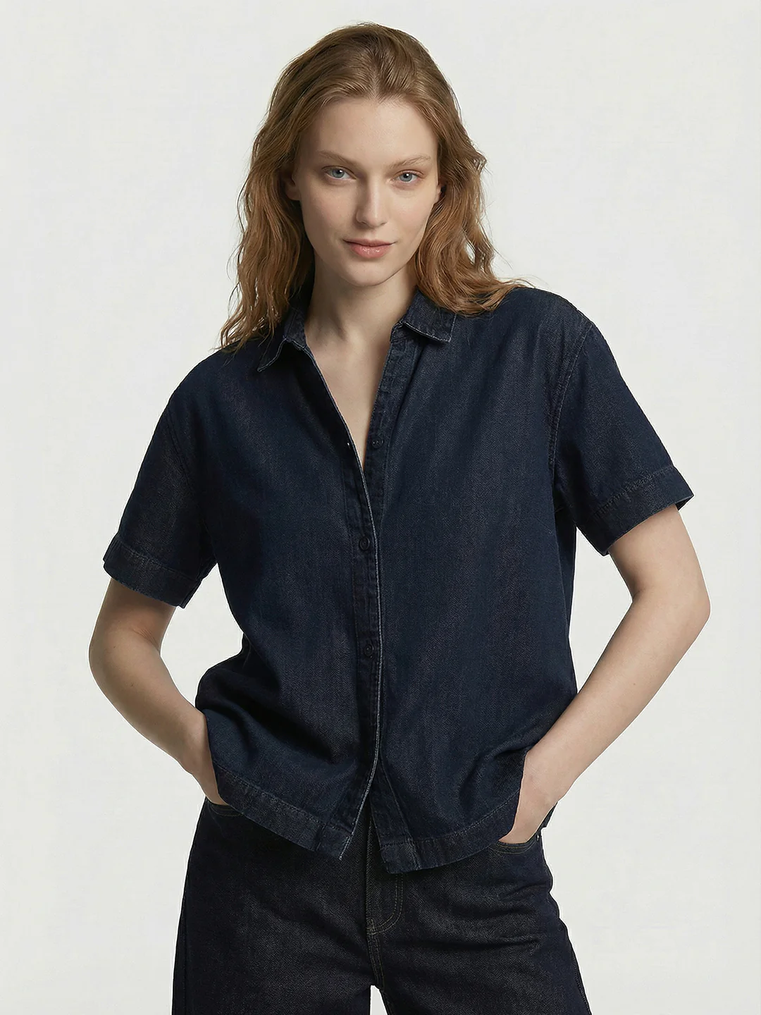 Women Dark Blue Crop Shirt - Image 2