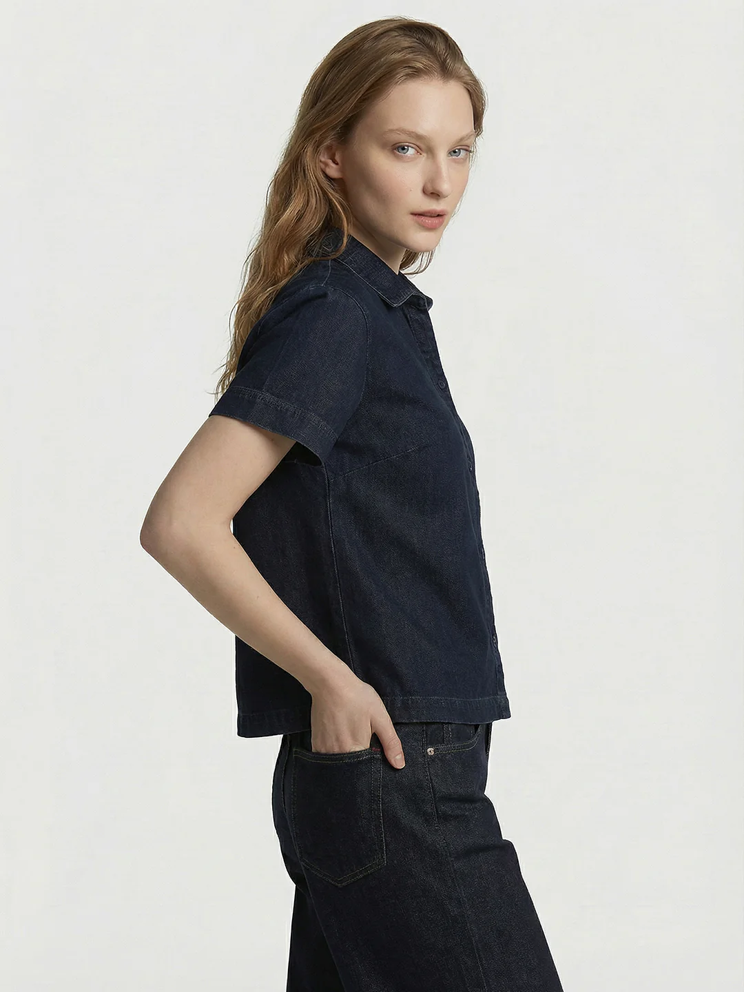 Women Dark Blue Crop Shirt - Image 4
