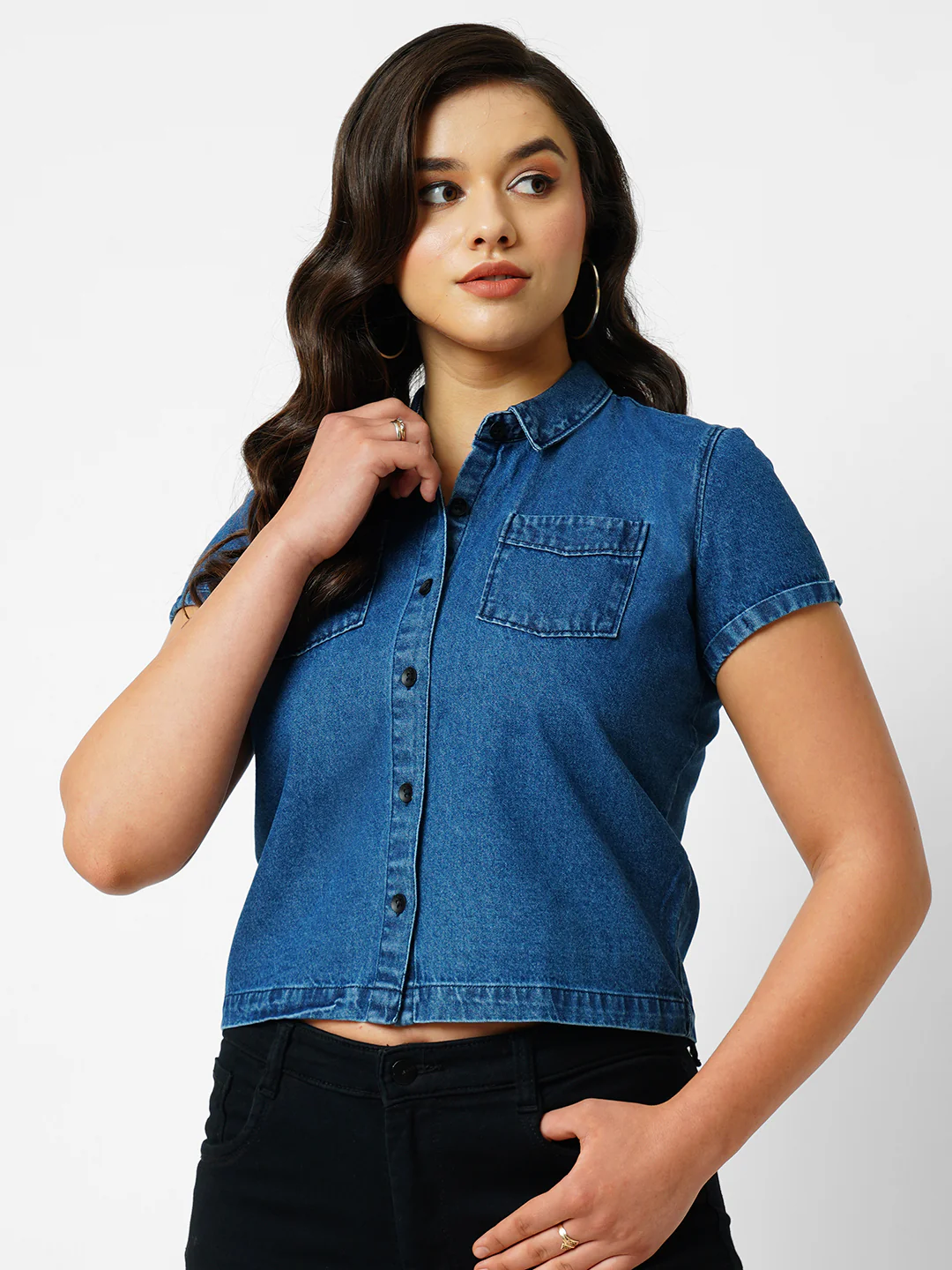 Women Dark Blue Crop Shirt - Image 2