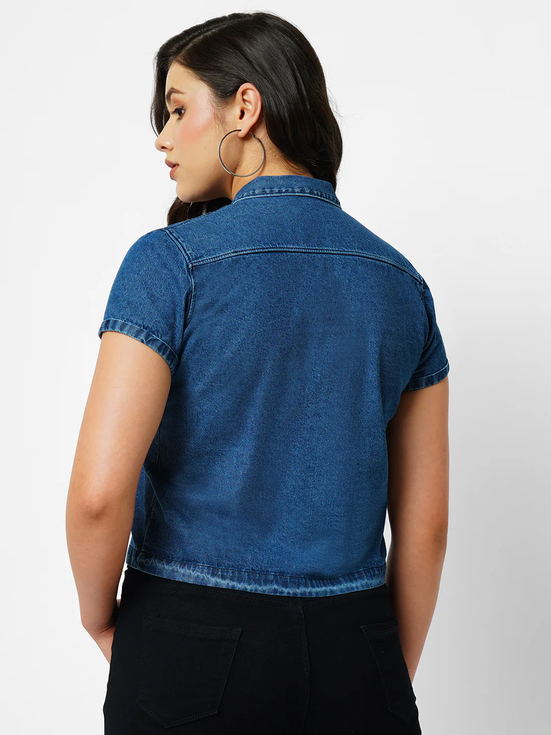 Women Dark Blue Crop Shirt - Image 3