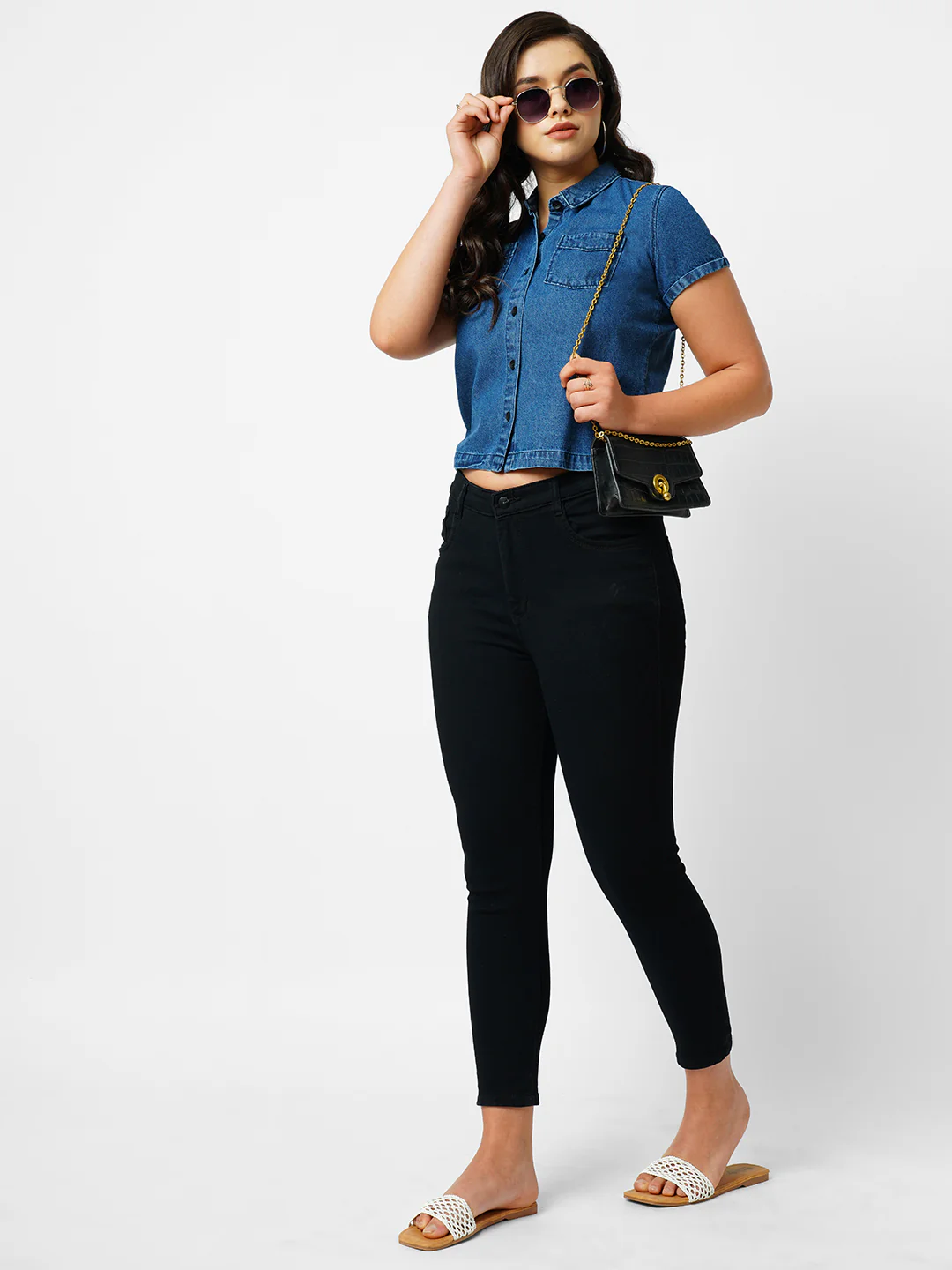Women Dark Blue Crop Shirt - Image 4