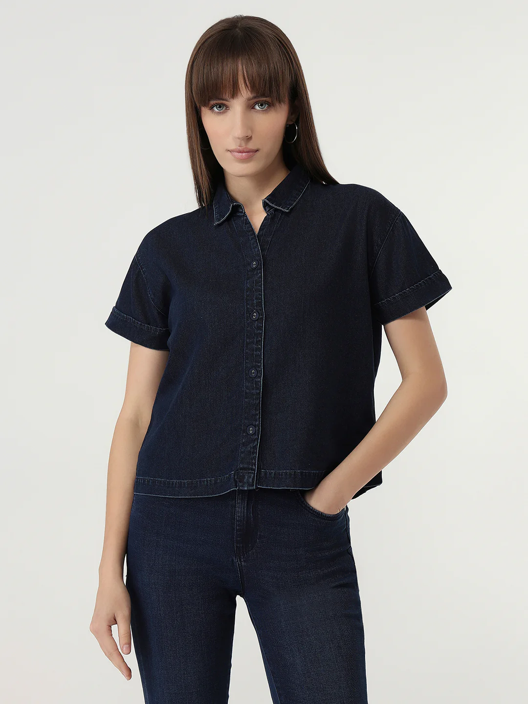 Women Dark Blue Denim Crop Shirt - Image 2