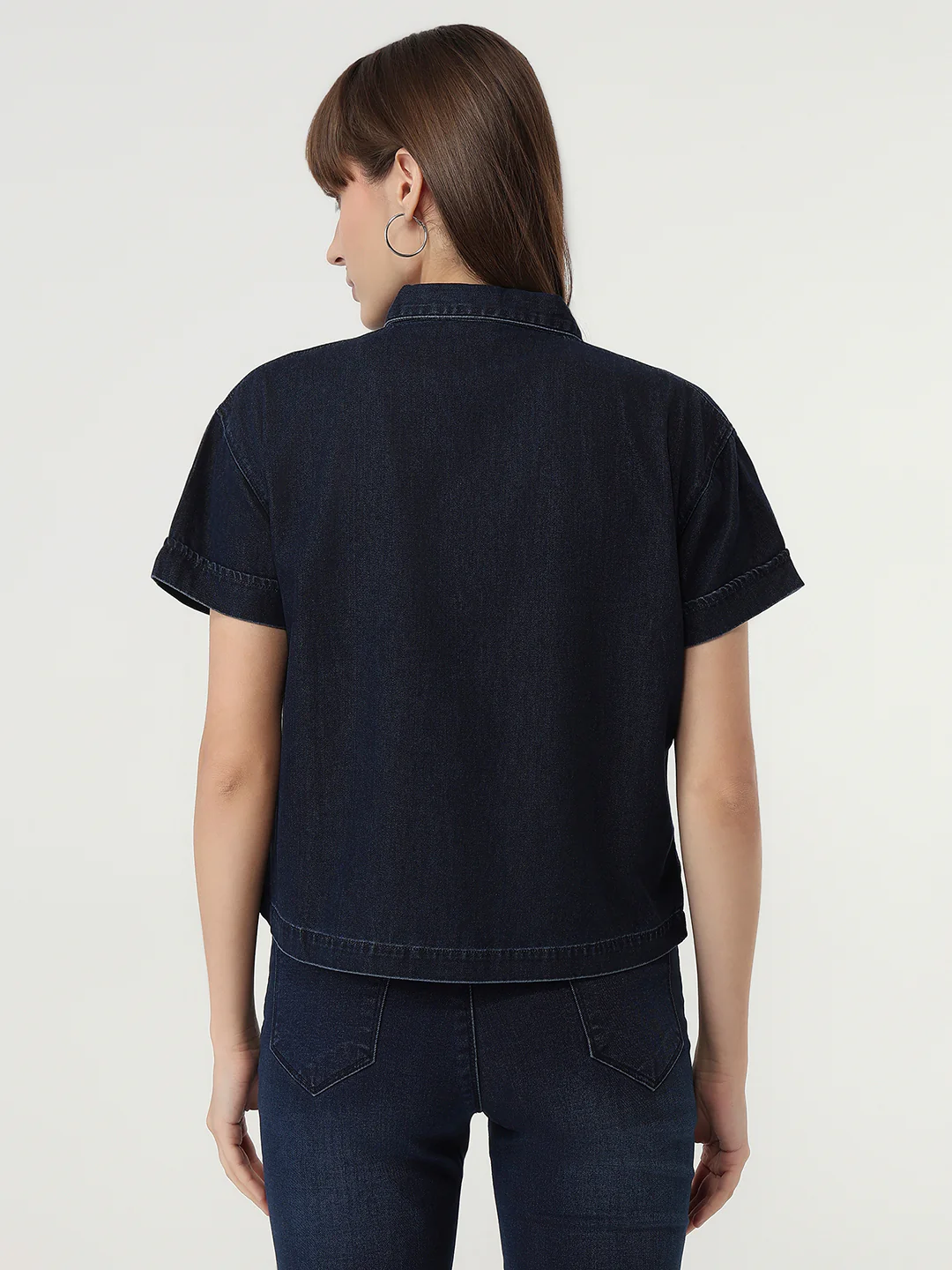 Women Dark Blue Denim Crop Shirt - Image 3