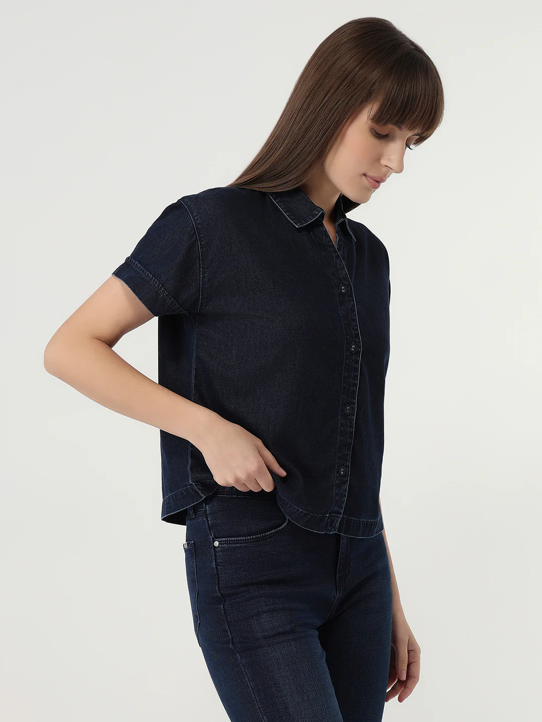 Women Dark Blue Denim Crop Shirt - Image 5