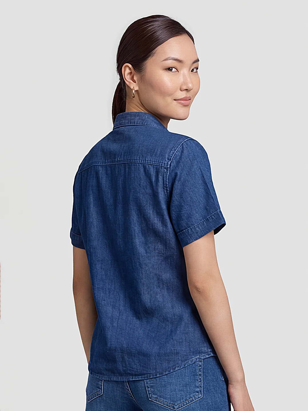 Women Dark Blue Denim Crop Shirt - Image 3