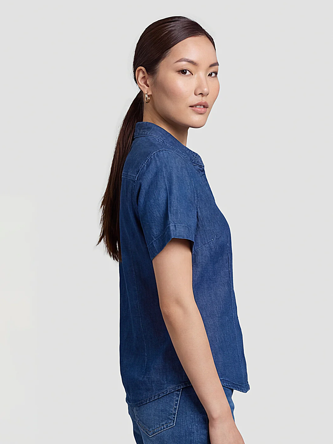 Women Dark Blue Denim Crop Shirt - Image 5