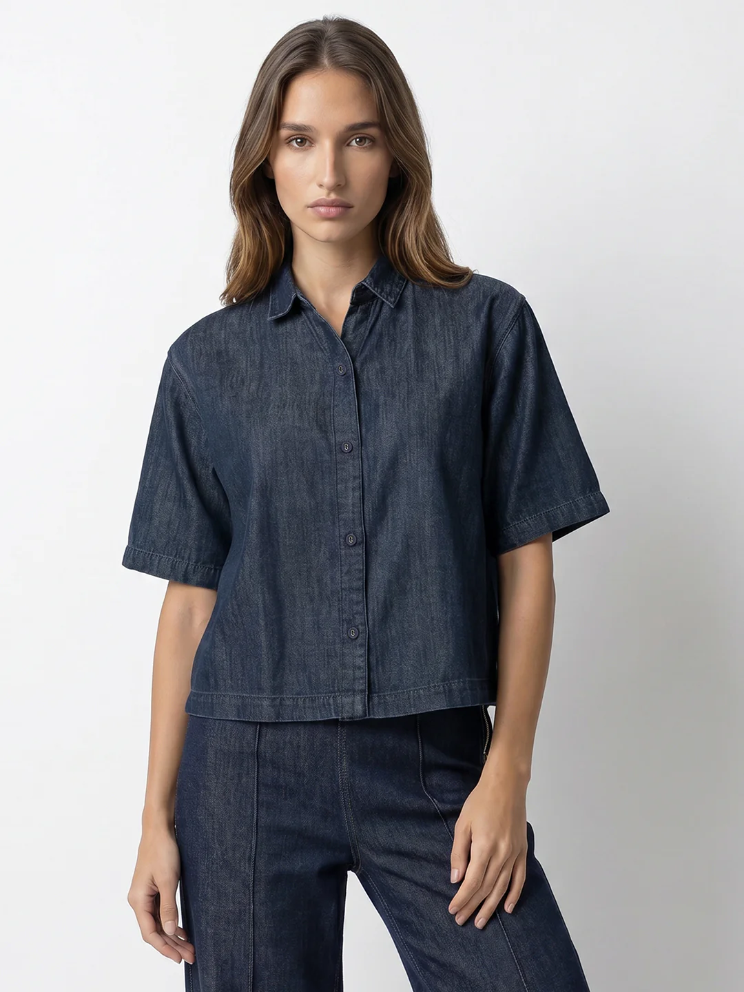 Women Dark Blue Denim Crop Shirt - Image 2