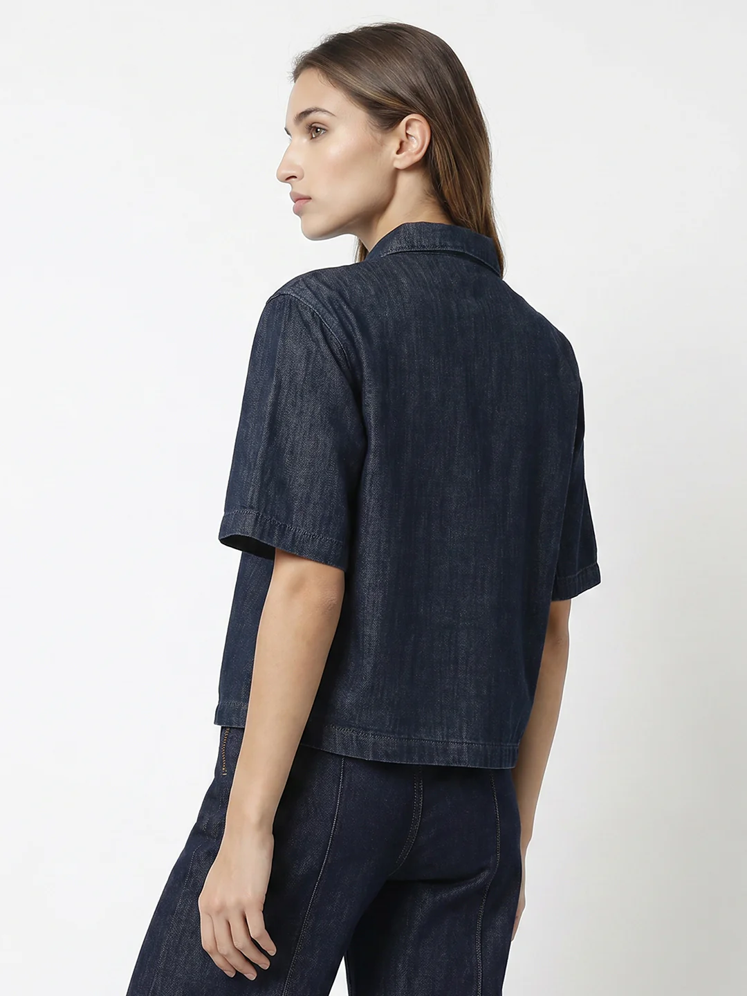 Women Dark Blue Denim Crop Shirt - Image 3